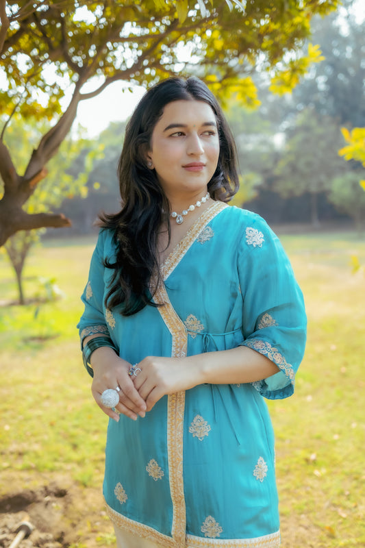 Elegant Teal Mashru Silk Suit Set with Gold Embroidery