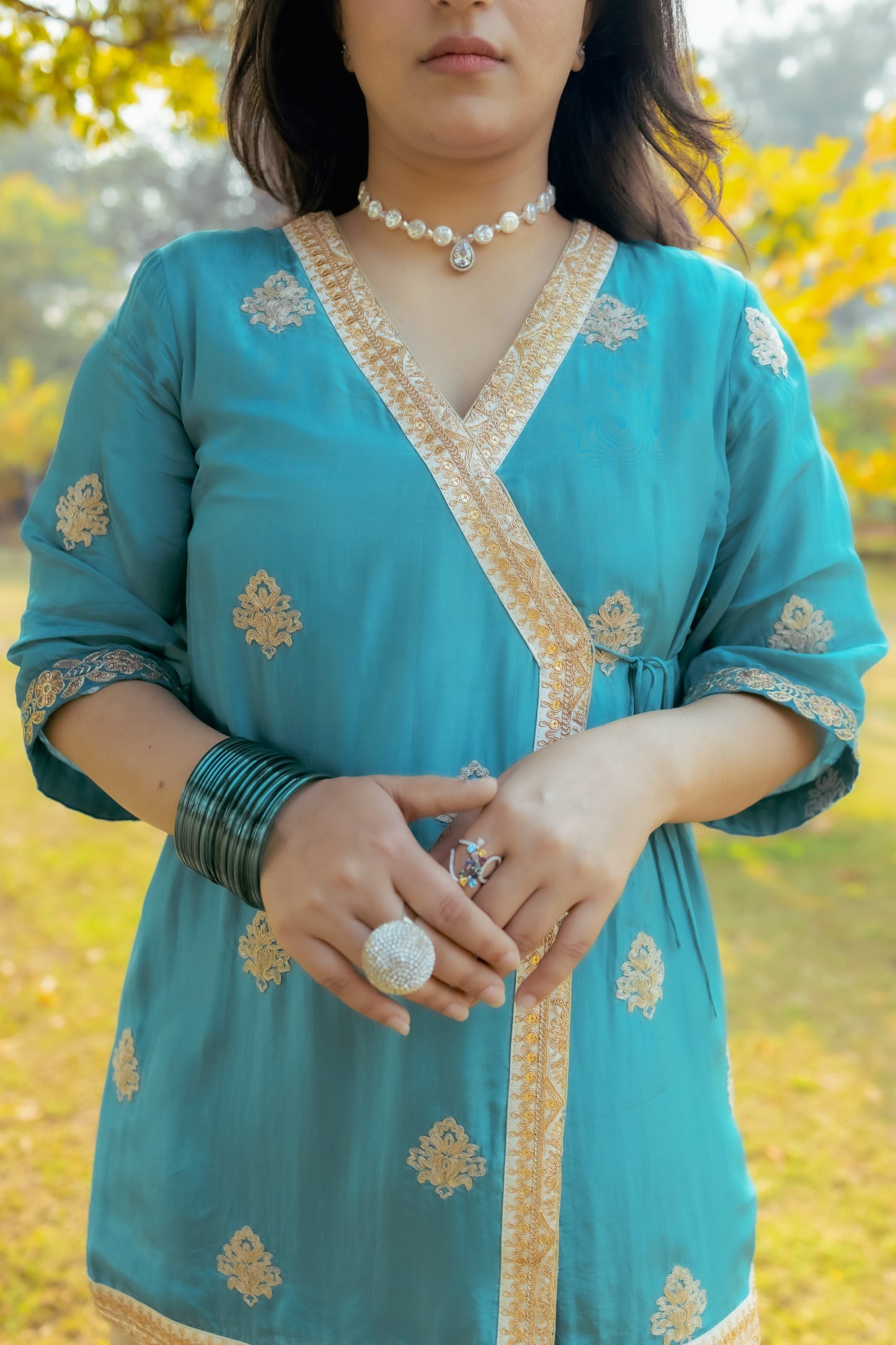Elegant Teal Mashru Silk Suit Set with Gold Embroidery
