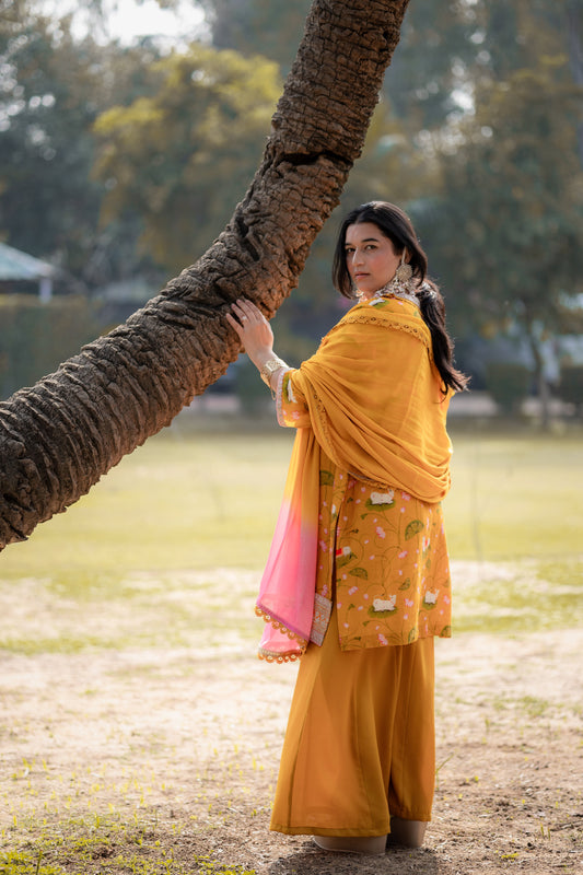 Mustard Floral Viscose Suit Set with Ombre Dupatta
