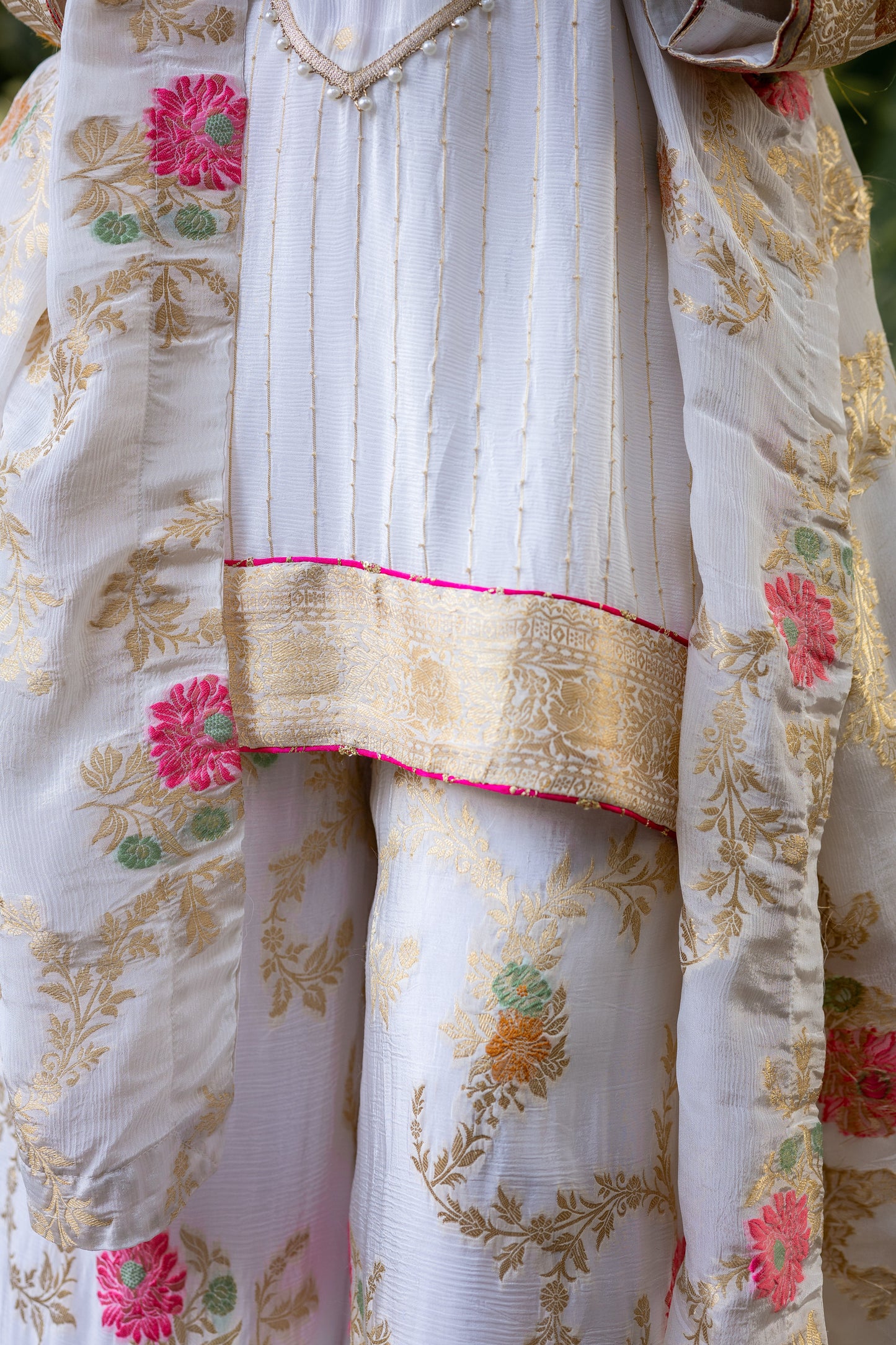 Ivory Floral Silk Crepe Suit Set with Gold Embroidery & Pink Accents
