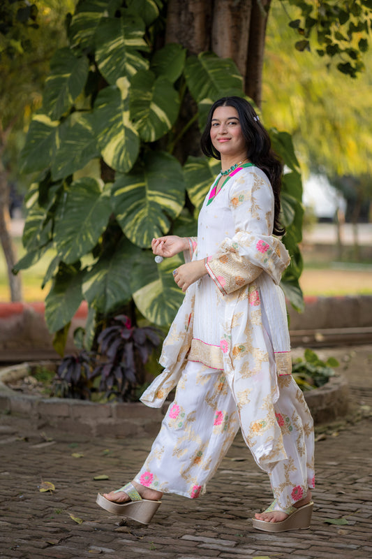 Ivory Floral Silk Crepe Suit Set with Gold Embroidery & Pink Accents