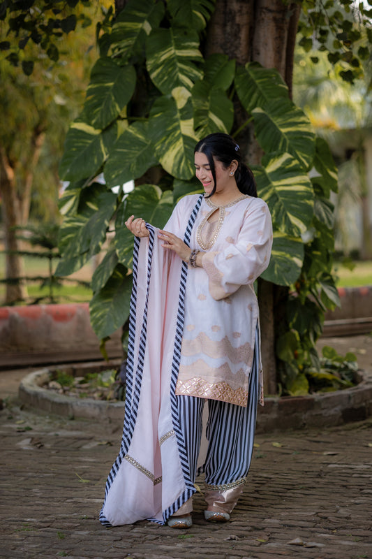 Ivory Blush Organza Linen Suit Set with Striped Pants & Dupatta