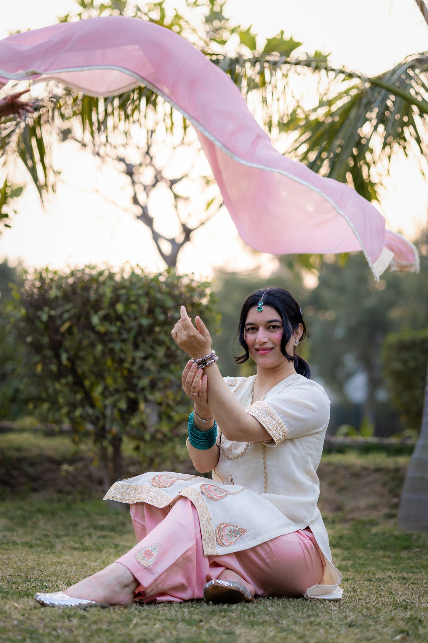 Elegant Chanderi Silk Suit Set with Pink Dupatta & Hand Embroidery