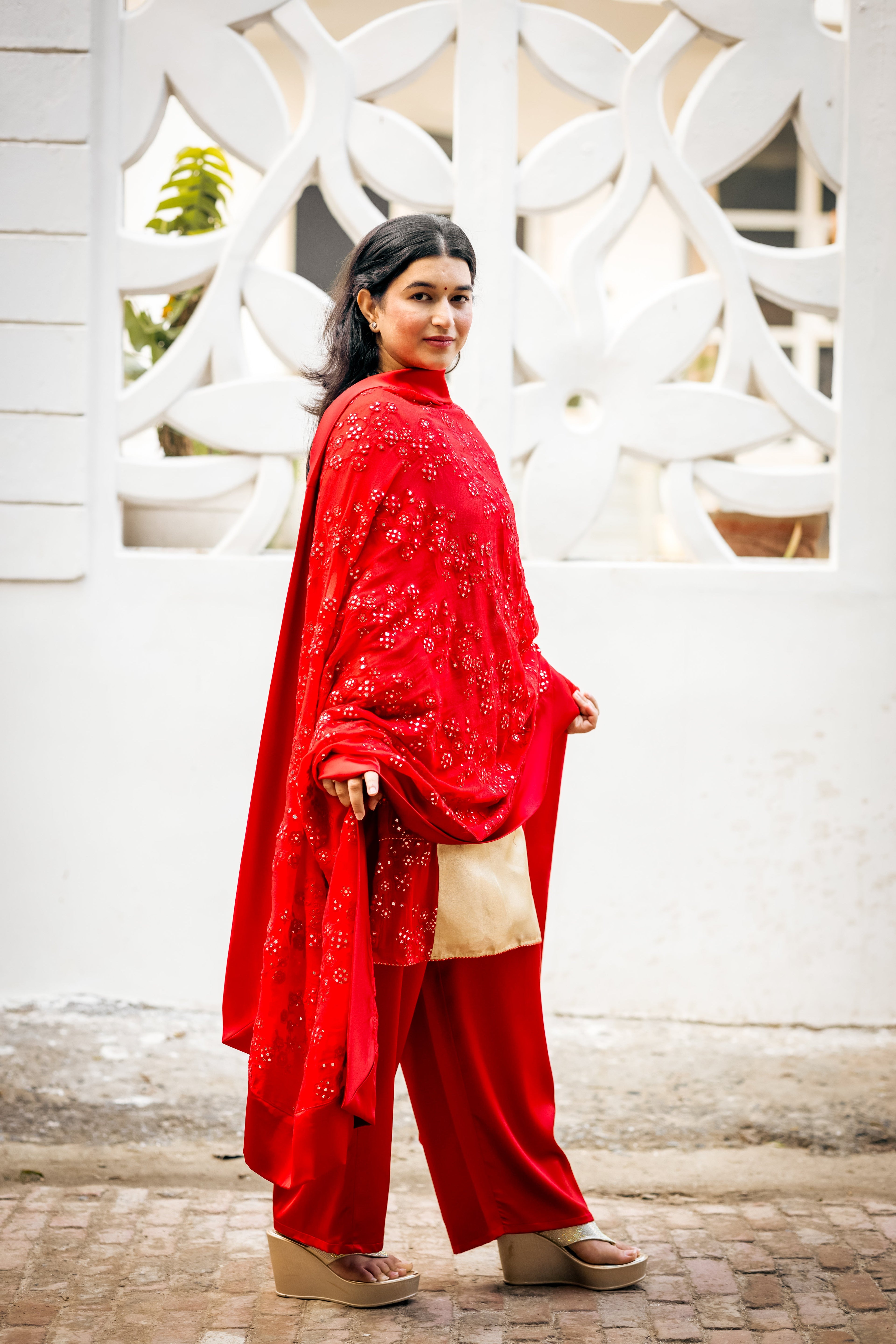 Radiant Red Georgette Embroidered Suit Set with Dupatta