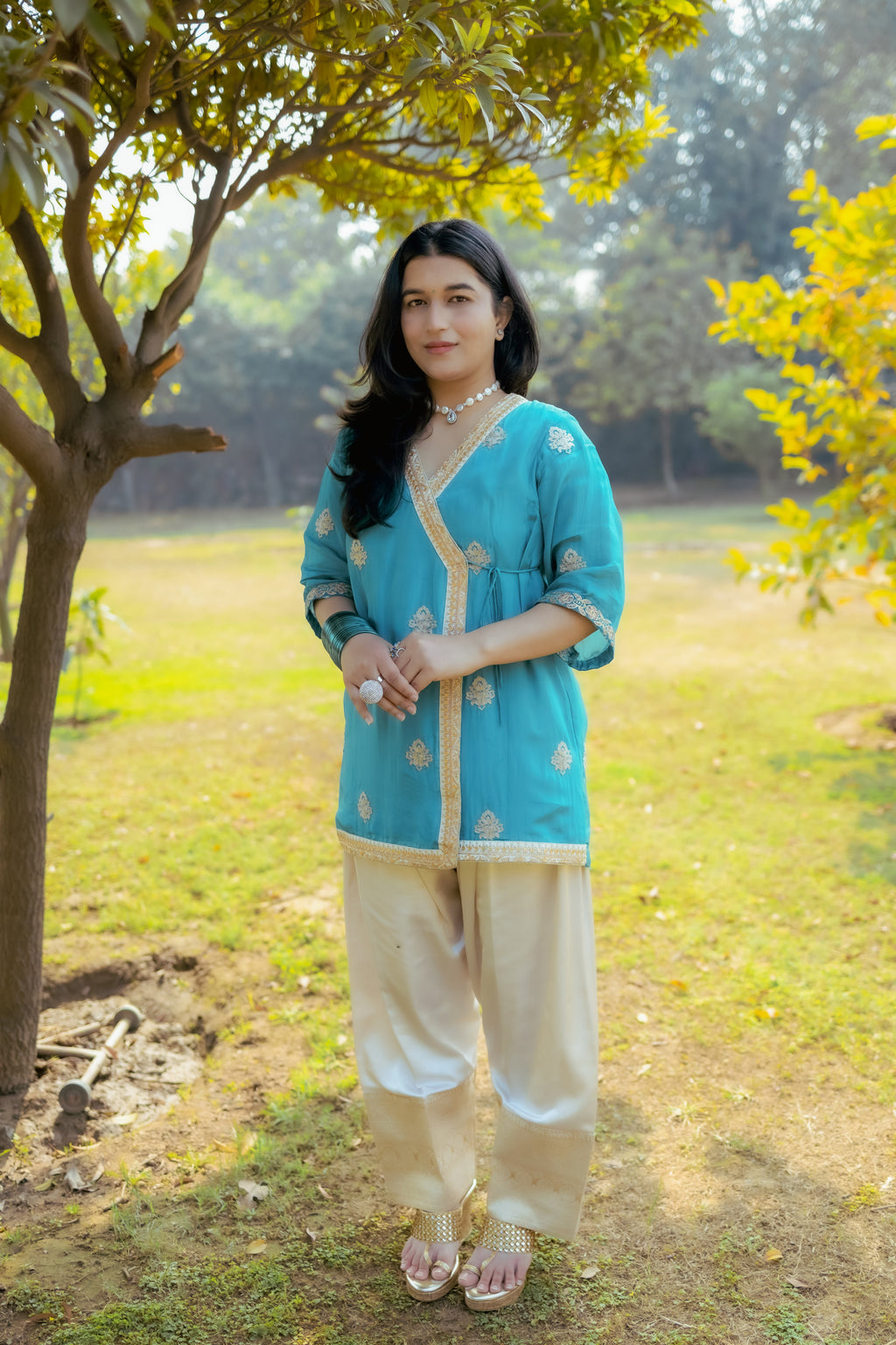 Elegant Teal Mashru Silk Suit Set with Gold Embroidery