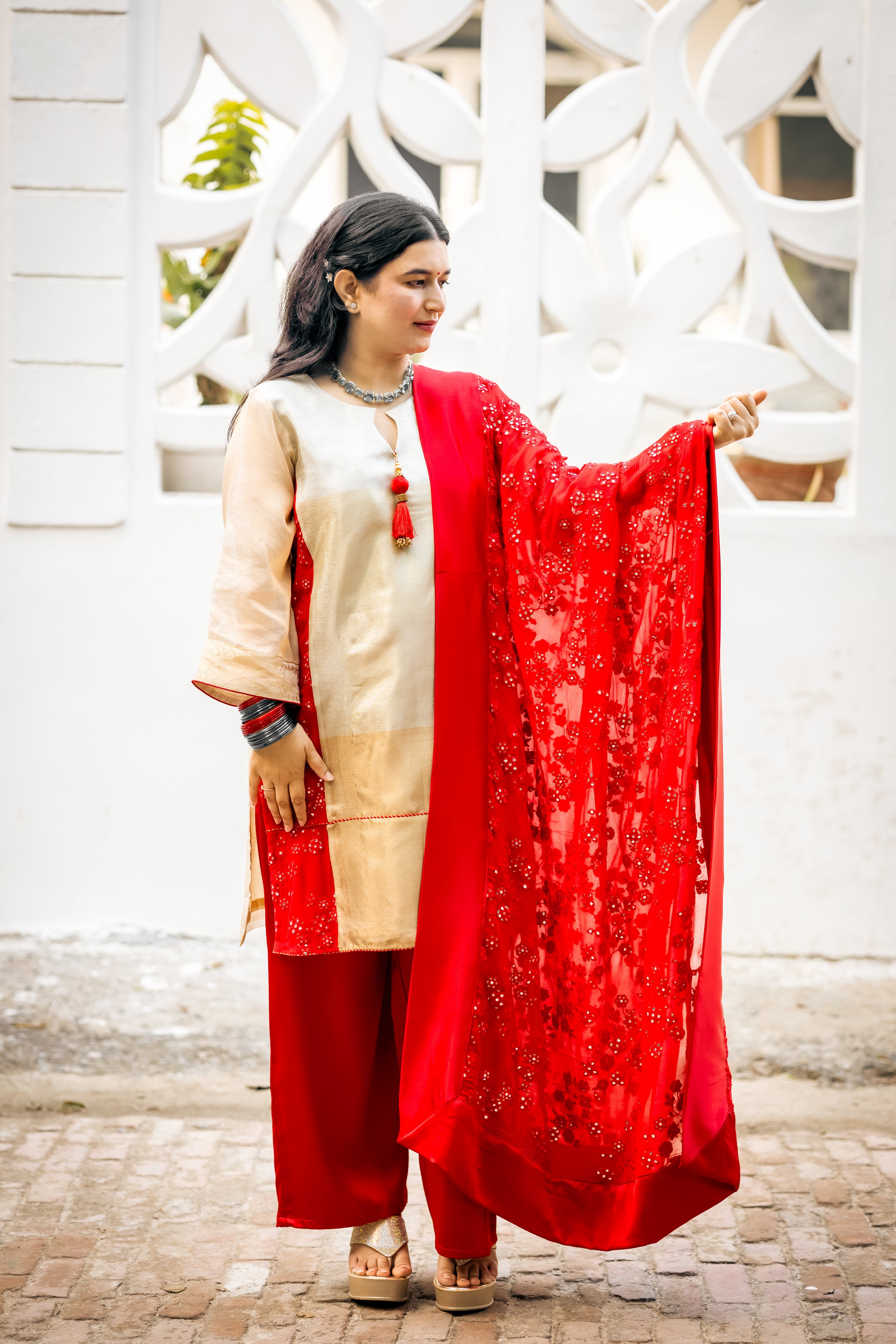 Radiant Red Georgette Embroidered Suit Set with Dupatta