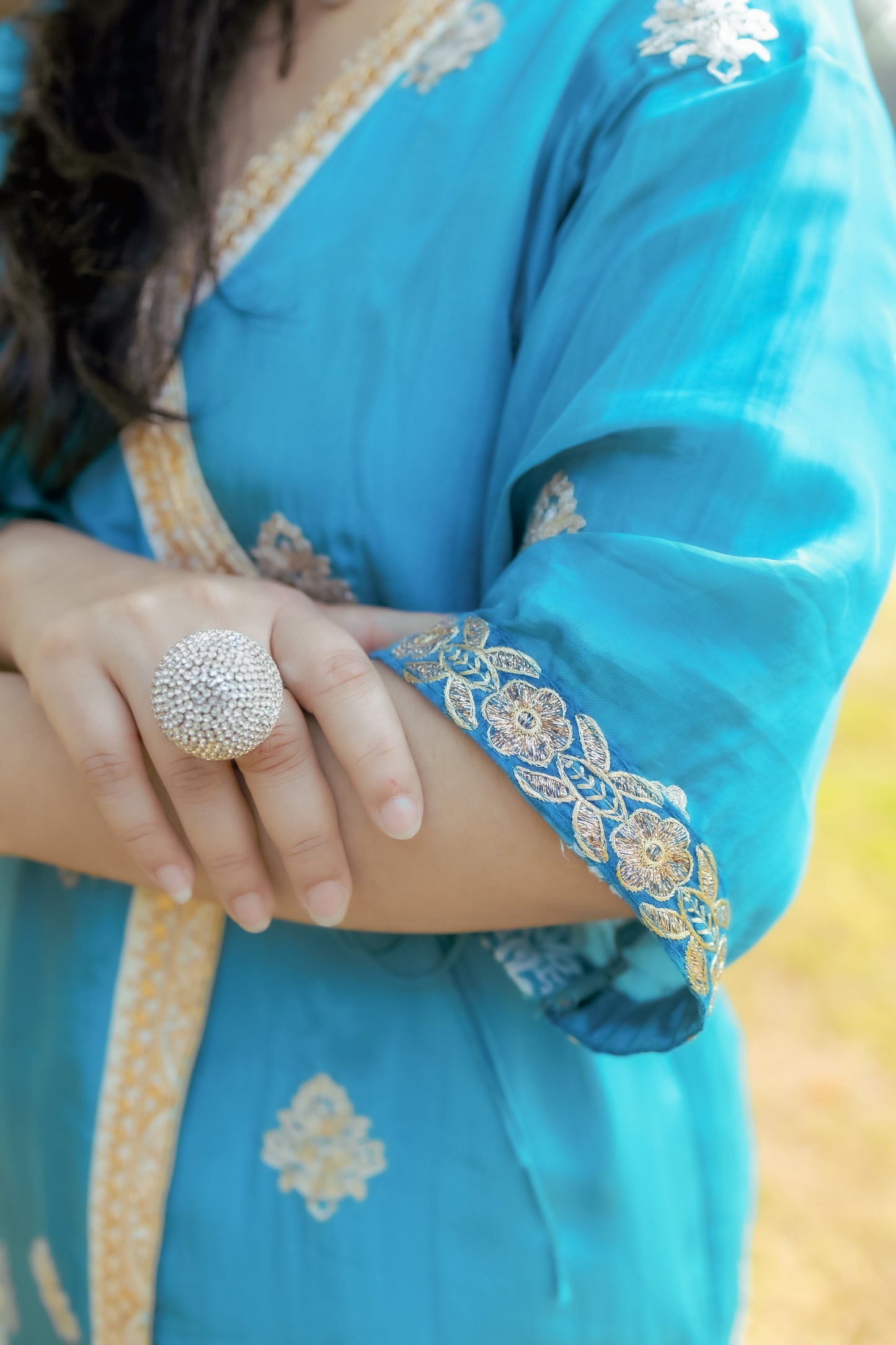 Elegant Teal Mashru Silk Suit Set with Gold Embroidery