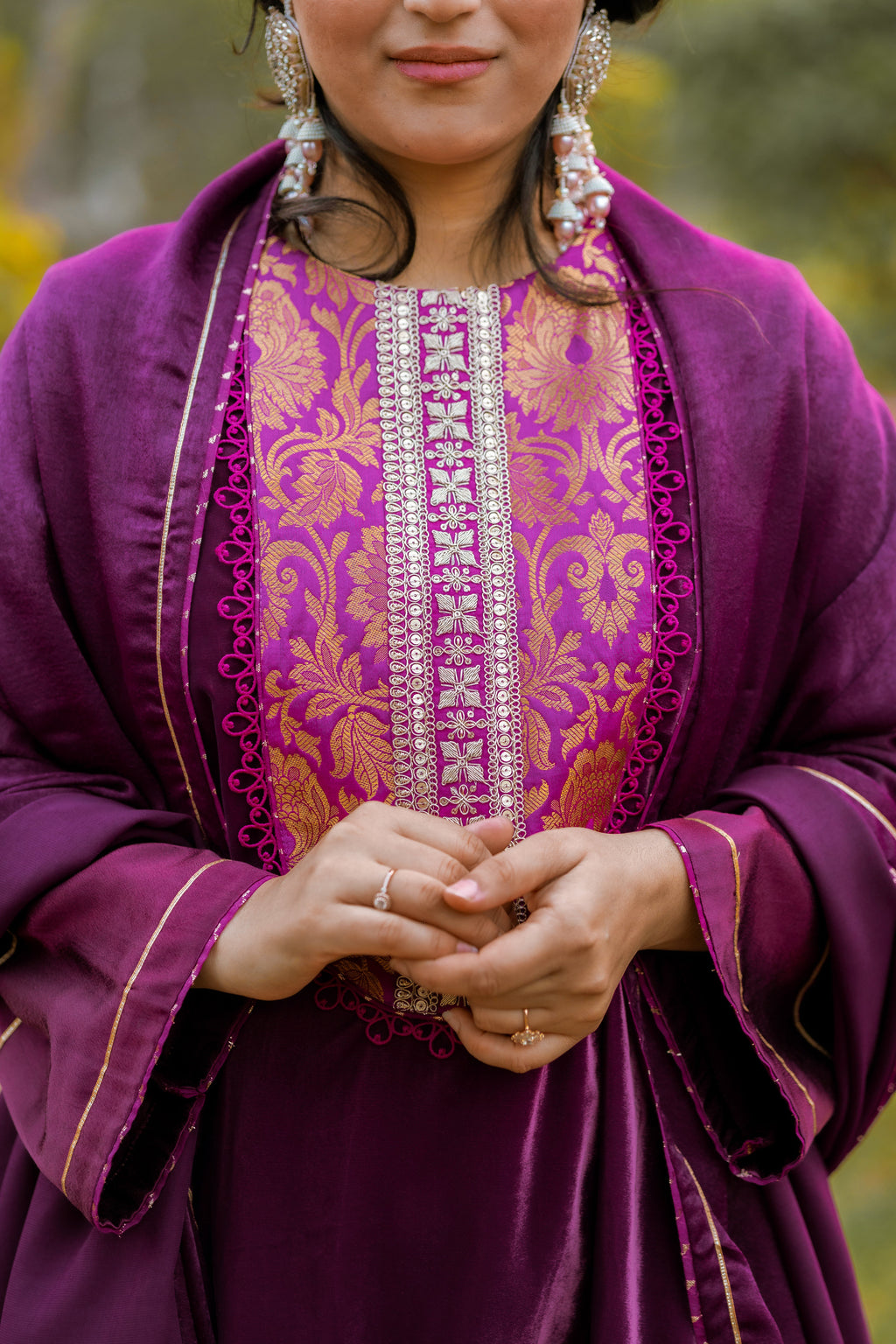 Royal Plum Velvet Suit Set with Embroidered Detailing