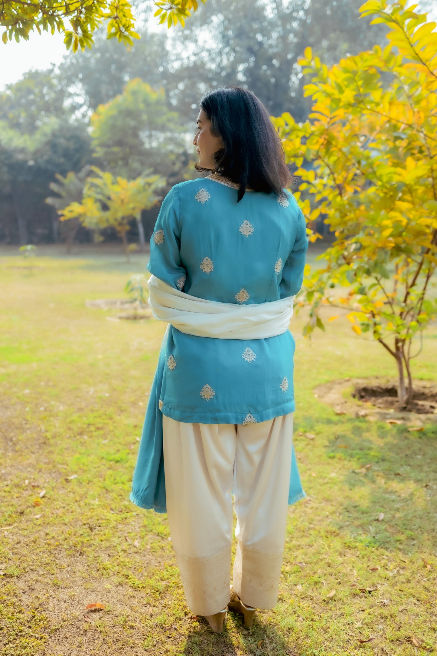 Elegant Teal Mashru Silk Suit Set with Gold Embroidery