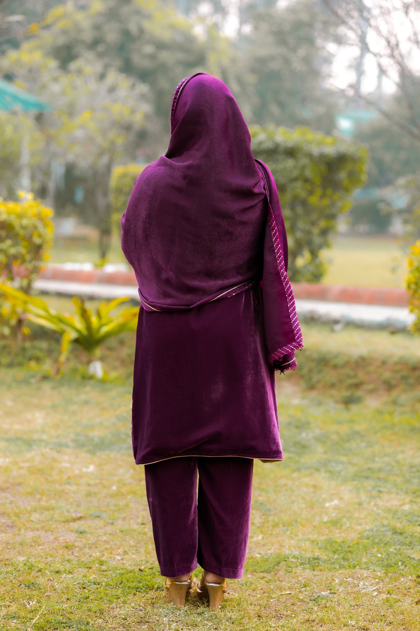 Royal Plum Velvet Suit Set with Embroidered Detailing