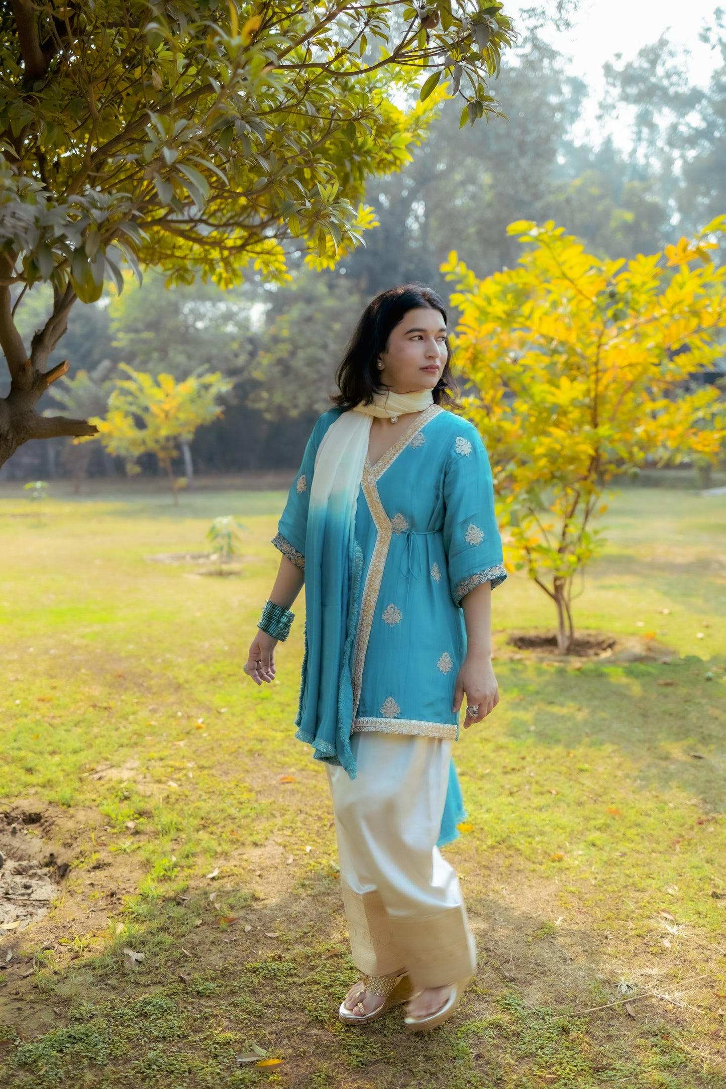 Elegant Teal Mashru Silk Suit Set with Gold Embroidery