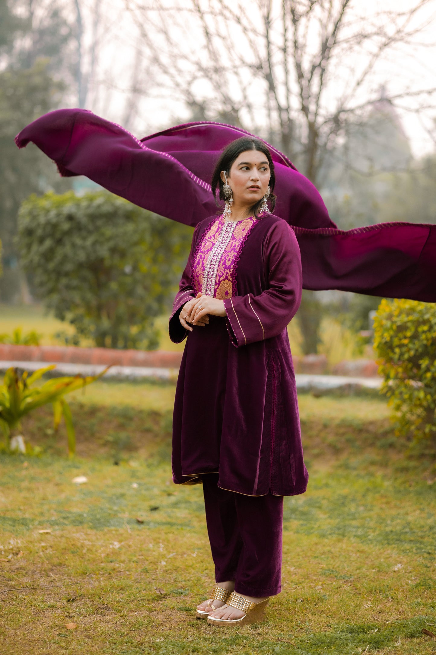 Royal Plum Velvet Suit Set with Embroidered Detailing