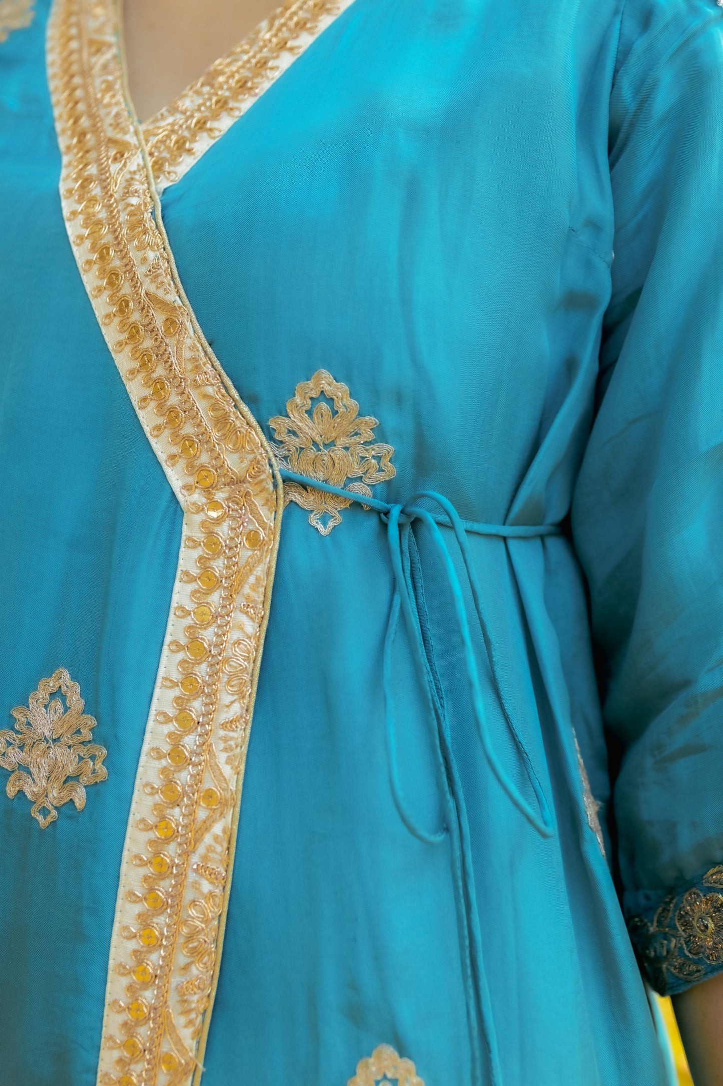 Elegant Teal Mashru Silk Suit Set with Gold Embroidery