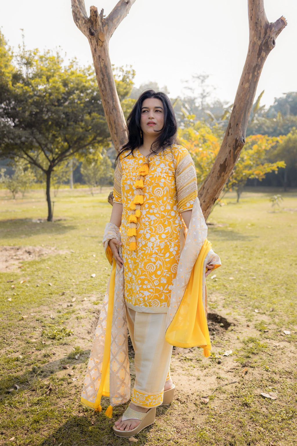 Sunshine Elegance Yellow Parsi Work Suit Set