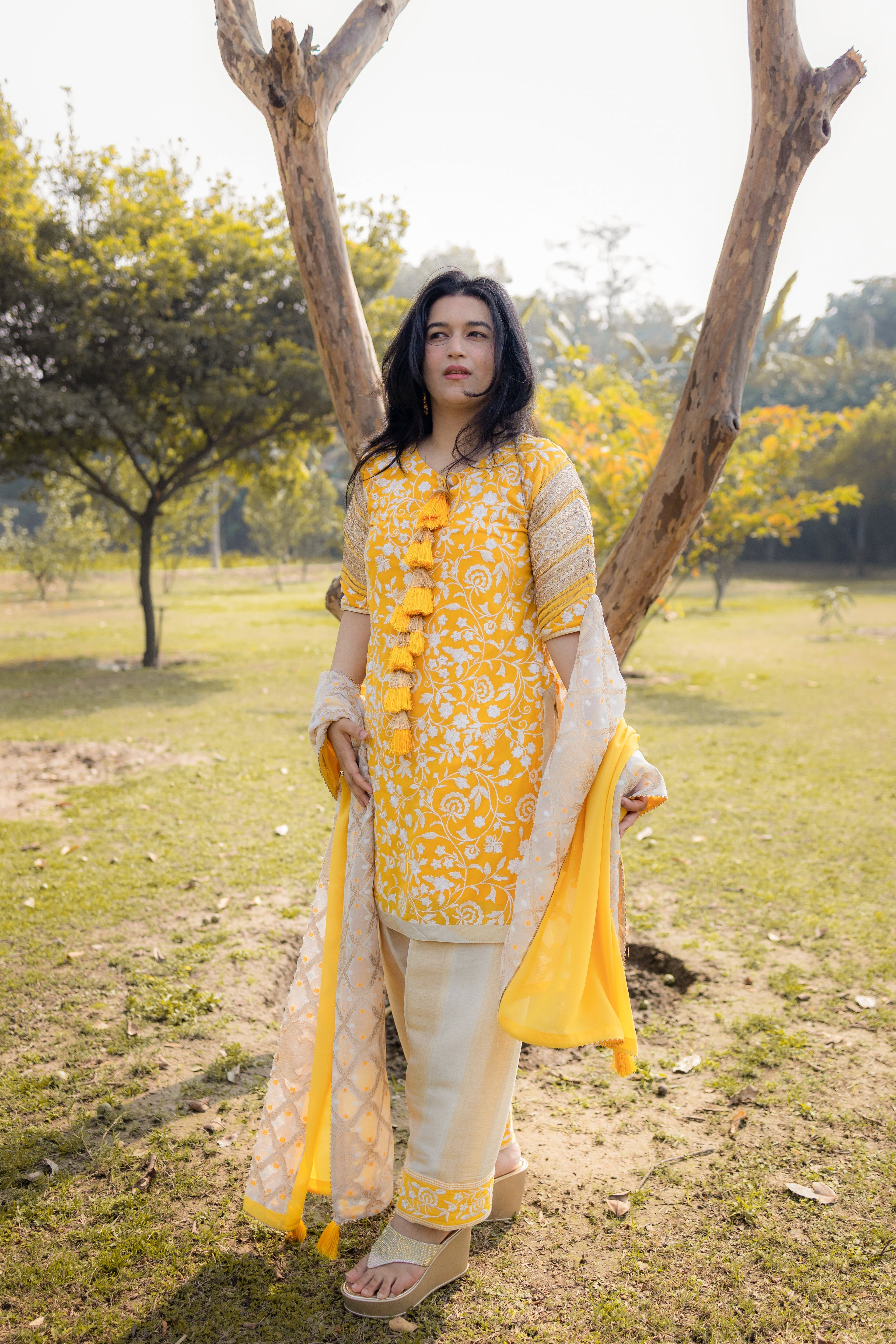 Sunshine Elegance Yellow Parsi Work Suit Set
