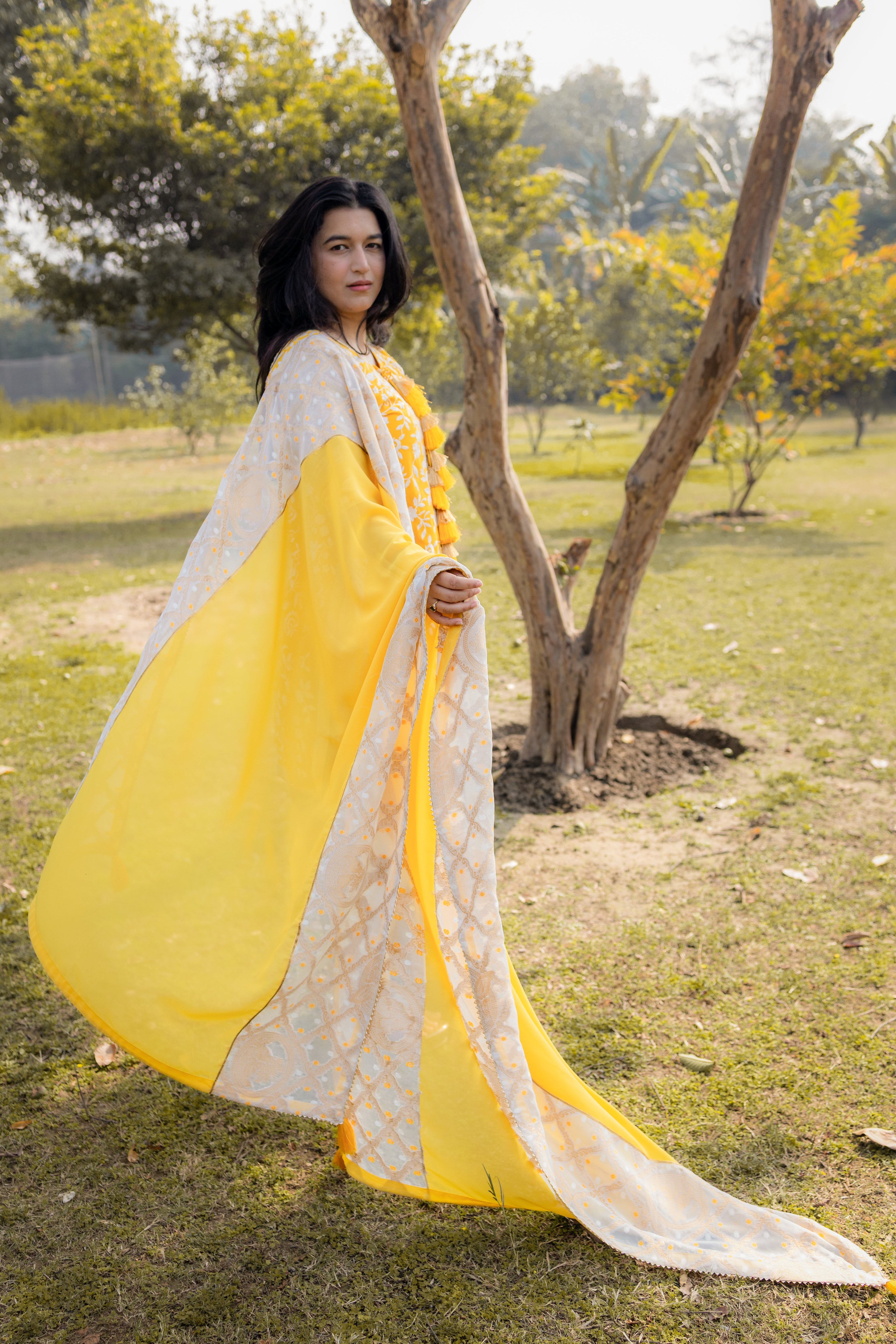 Sunshine Elegance Yellow Parsi Work Suit Set