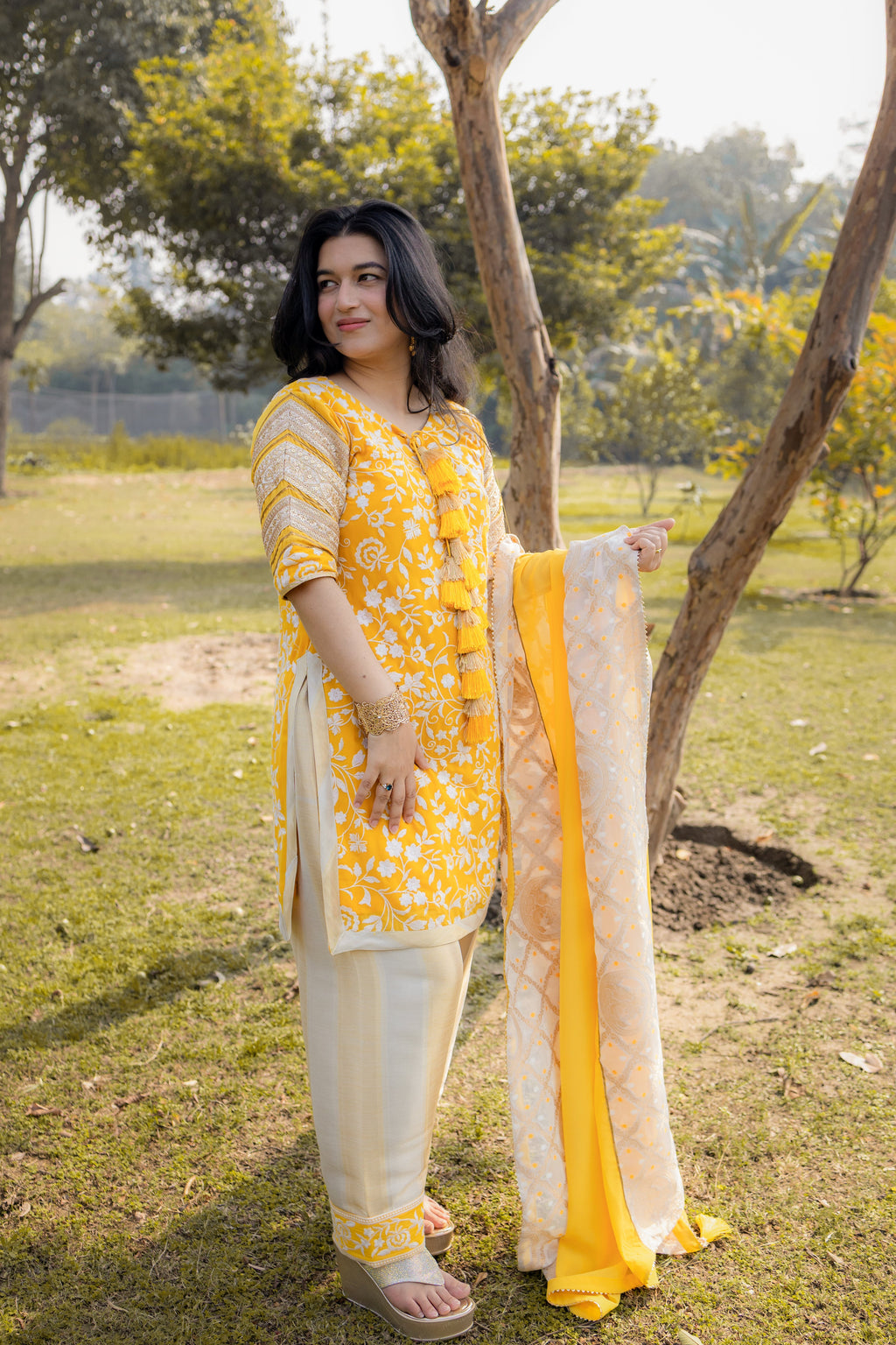 Sunshine Elegance Yellow Parsi Work Suit Set