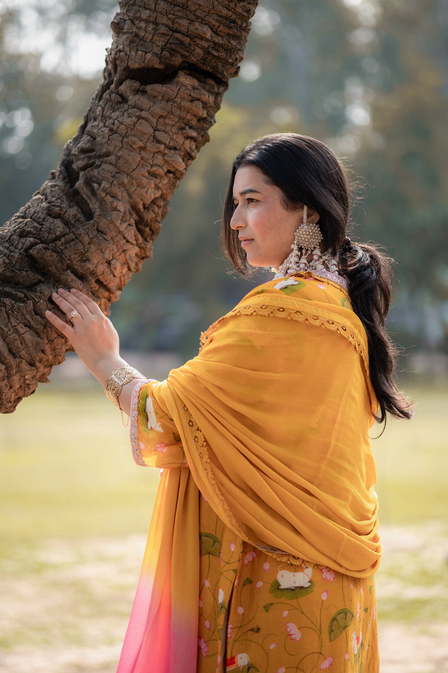 Mustard Floral Viscose Suit Set with Ombre Dupatta