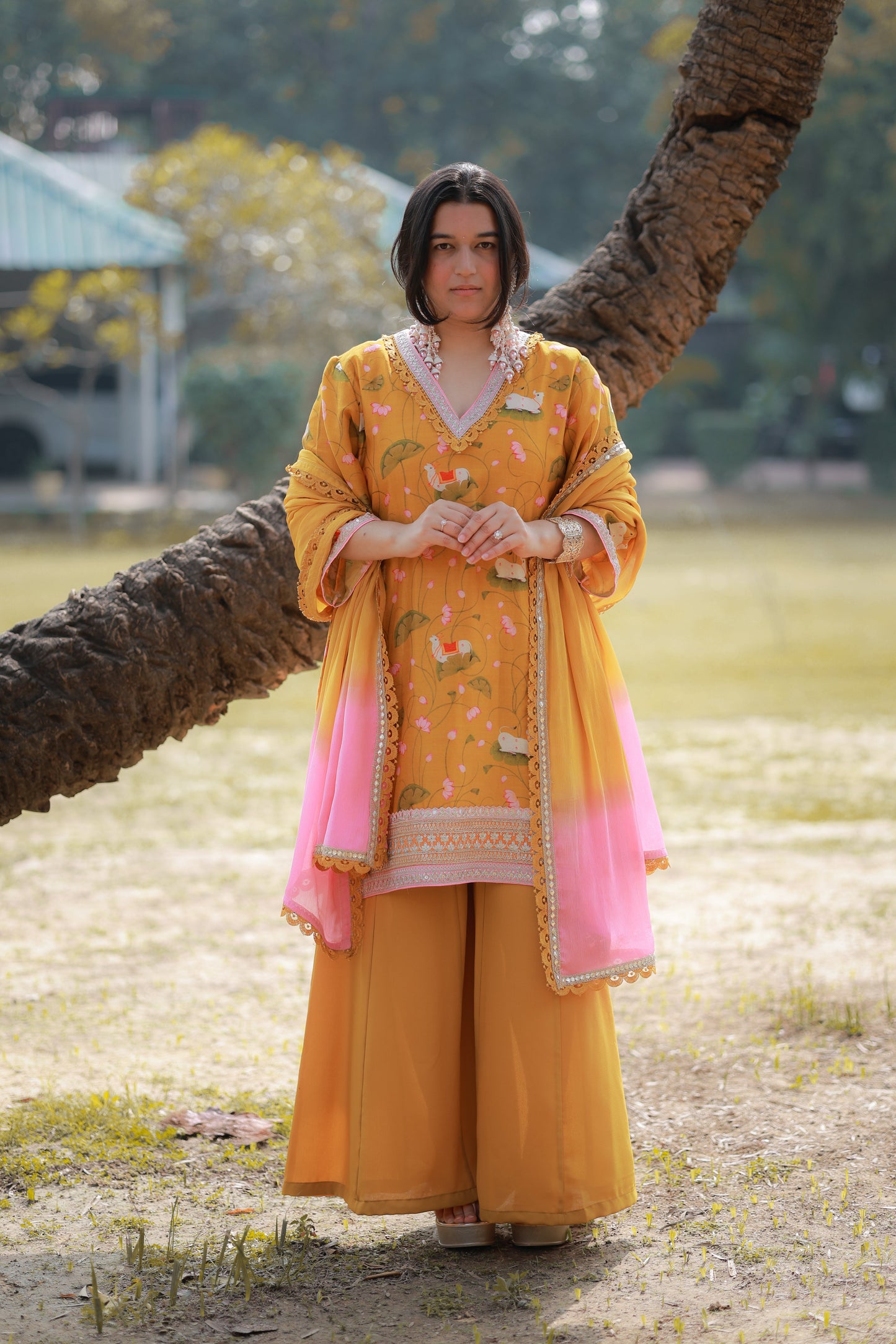 Mustard Floral Viscose Suit Set with Ombre Dupatta