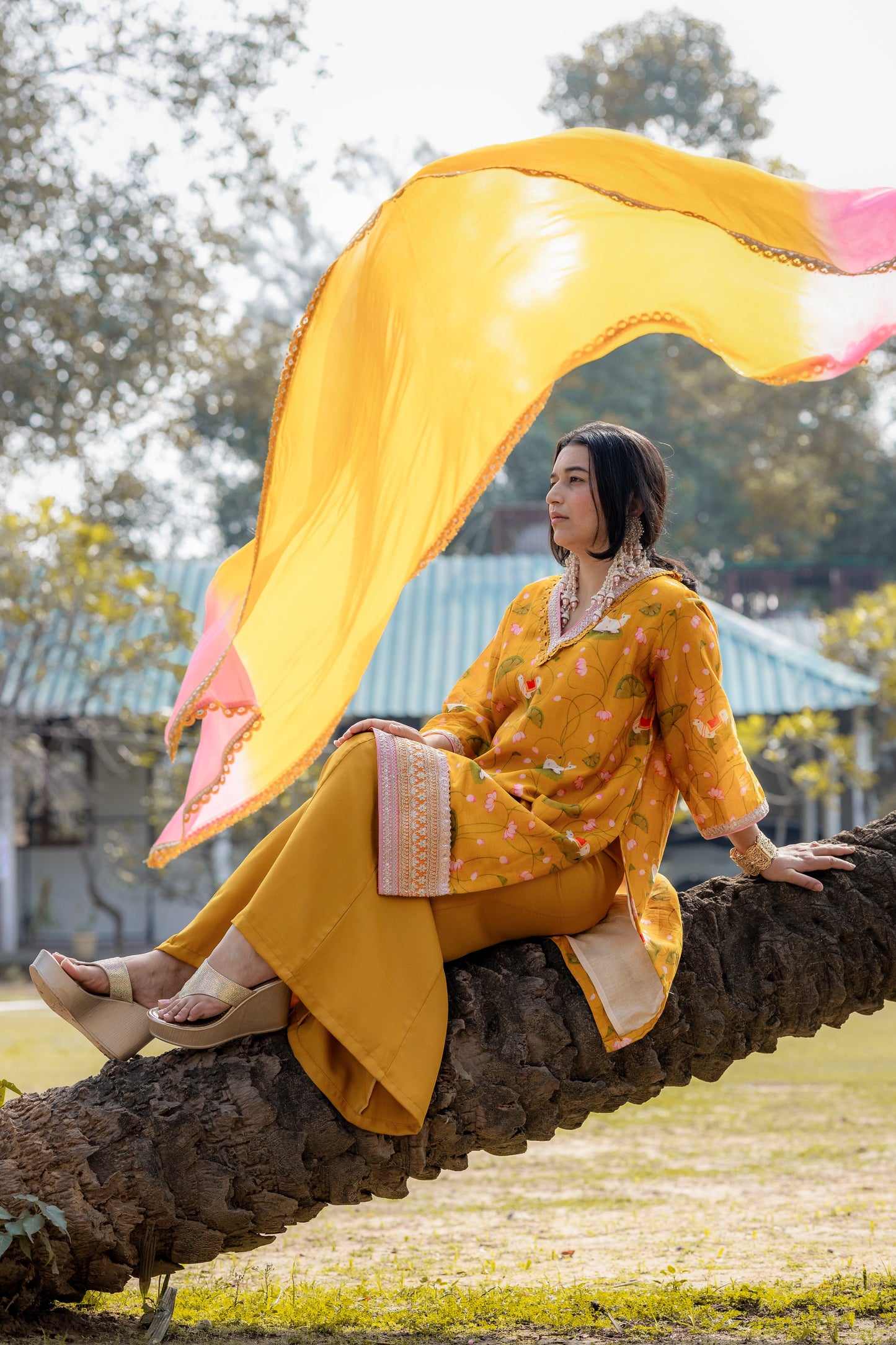 Mustard Floral Viscose Suit Set with Ombre Dupatta