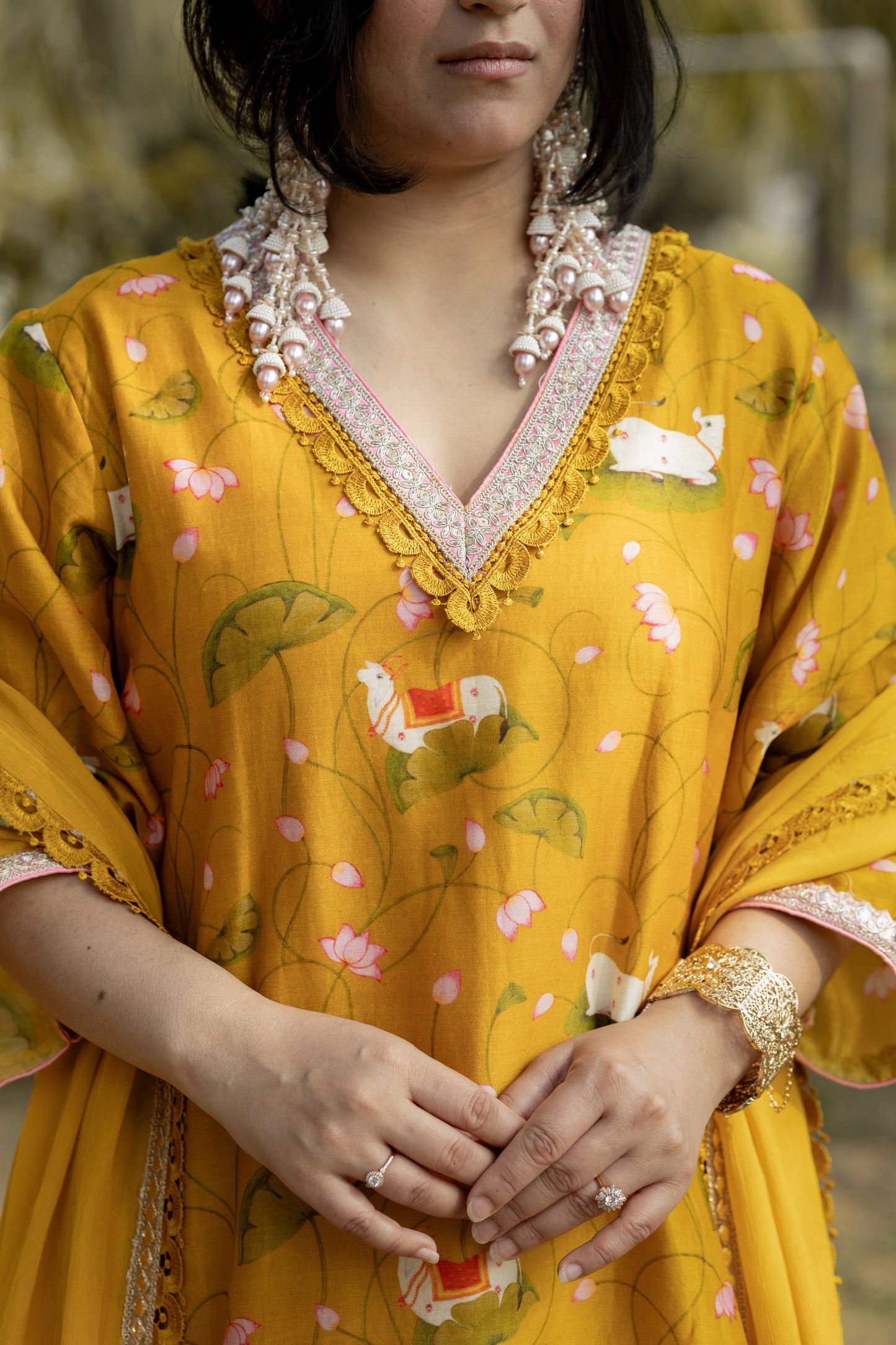 Mustard Floral Viscose Suit Set with Ombre Dupatta