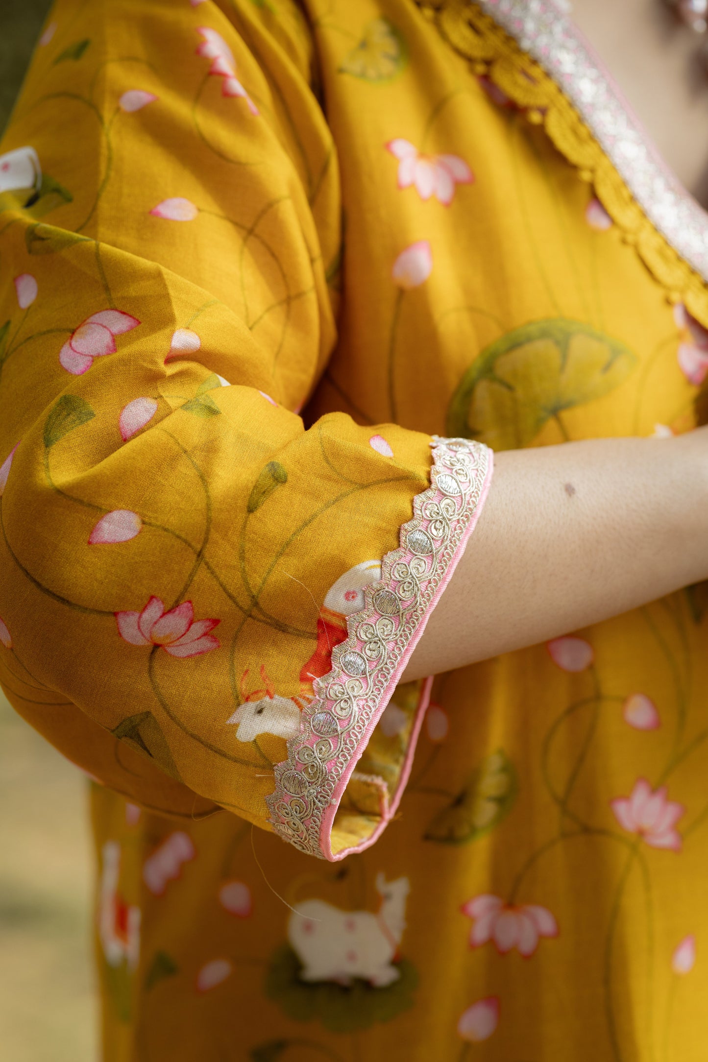 Mustard Floral Viscose Suit Set with Ombre Dupatta