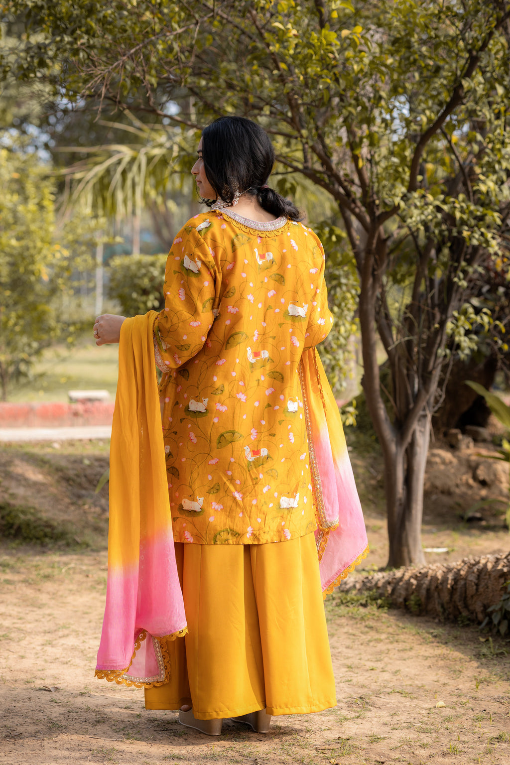 Mustard Floral Viscose Suit Set with Ombre Dupatta