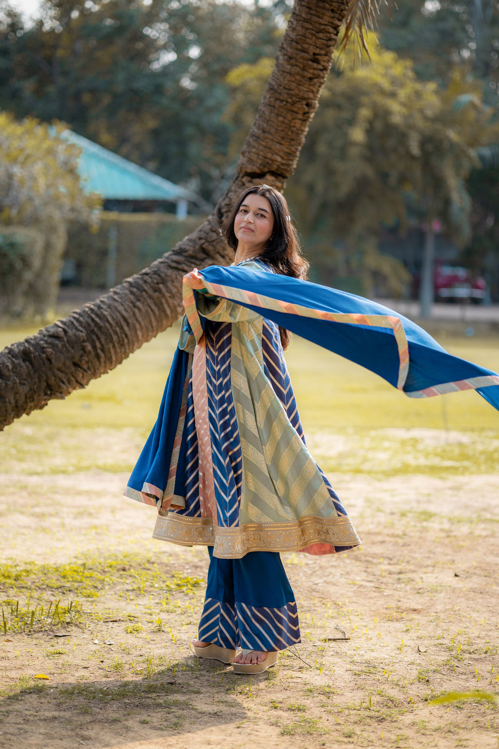 Royal Teal Muga Silk Suit Set with Zari Accents