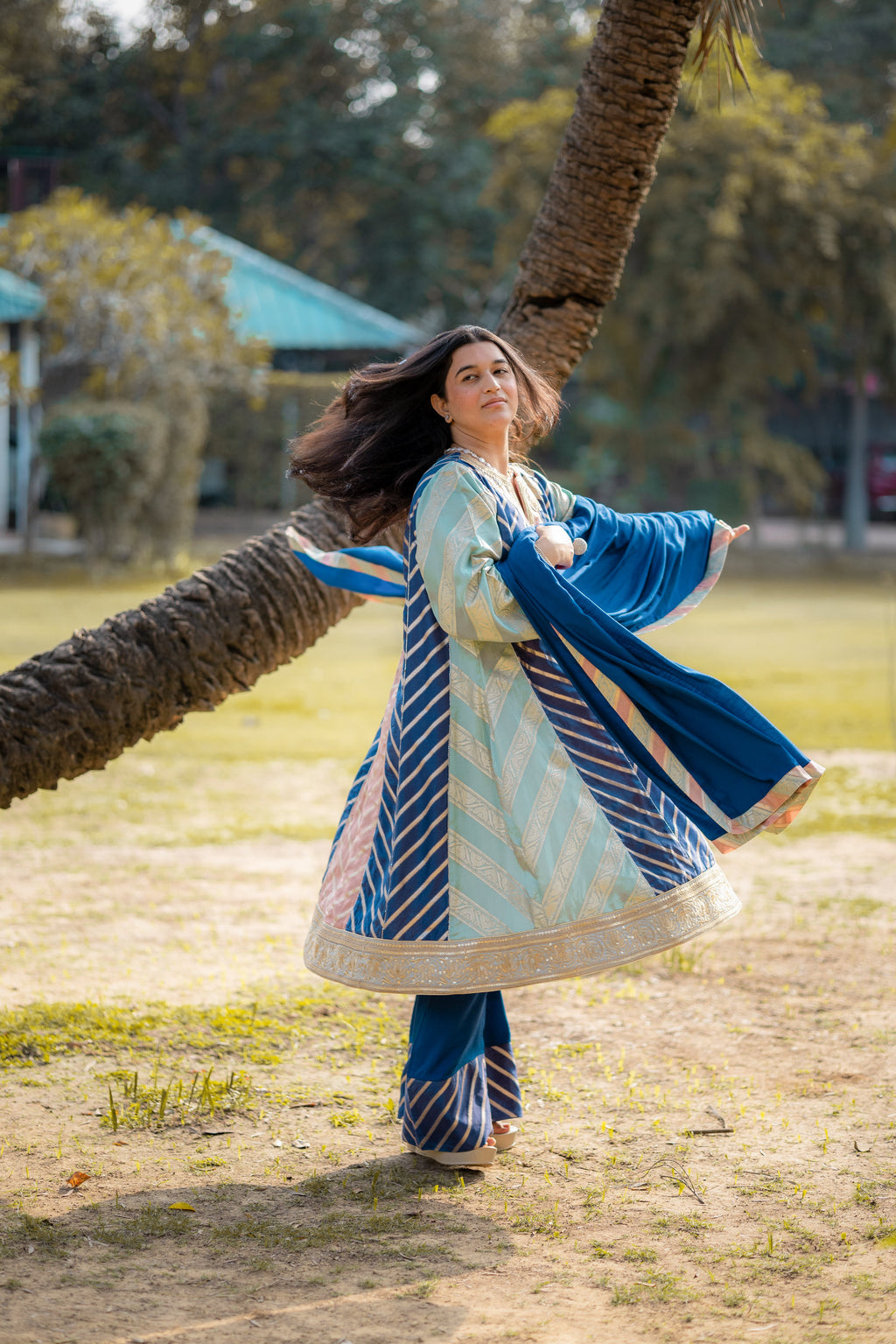 Royal Teal Muga Silk Suit Set with Zari Accents