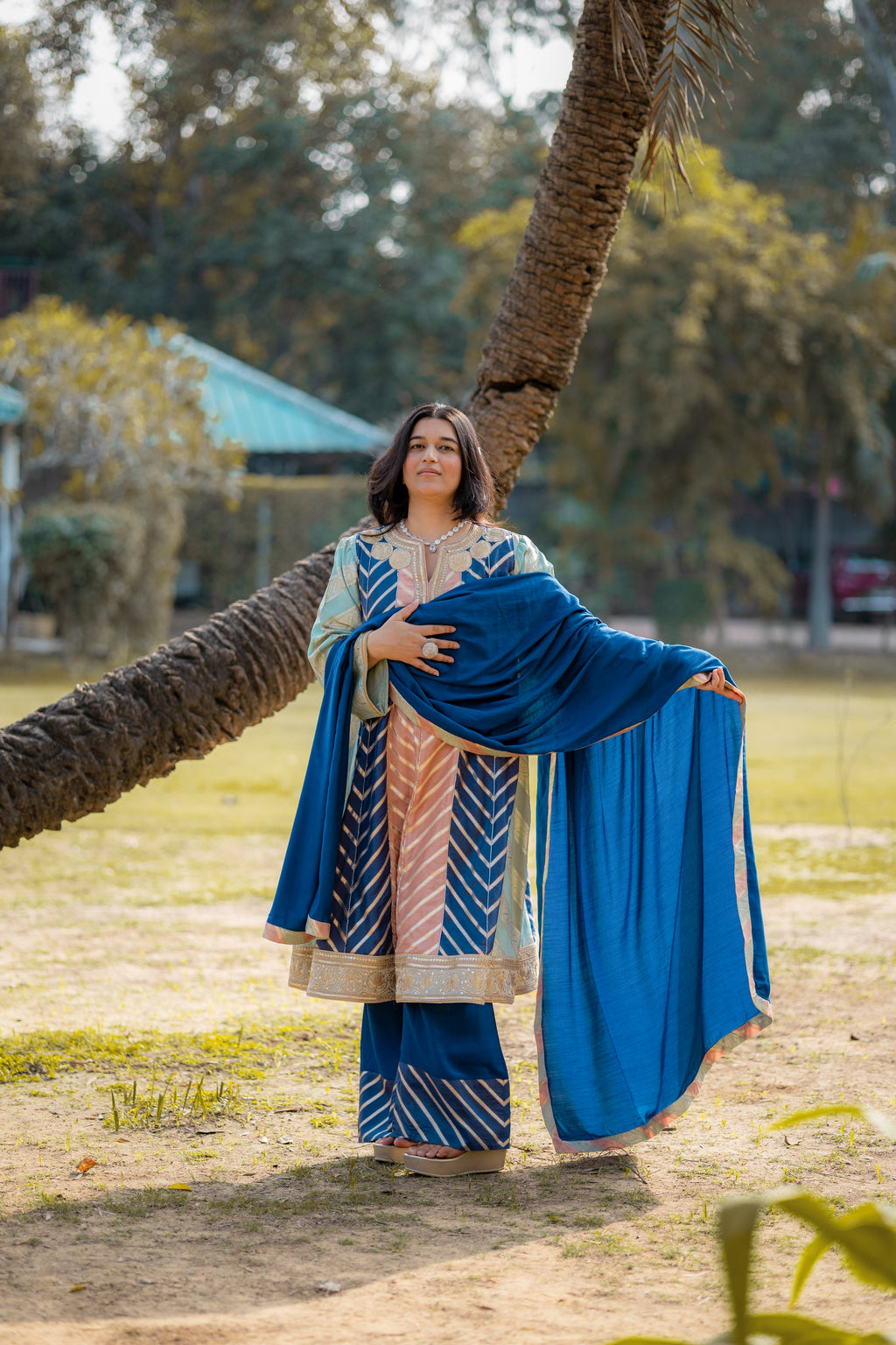 Royal Teal Muga Silk Suit Set with Zari Accents