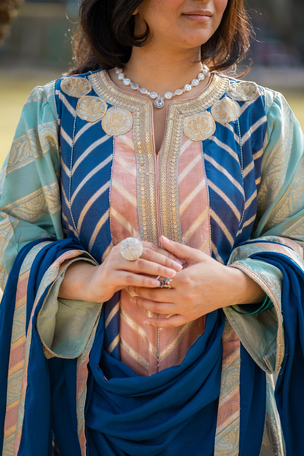 Royal Teal Muga Silk Suit Set with Zari Accents