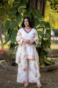 Ivory Floral Silk Crepe Suit Set with Gold Embroidery & Pink Accents