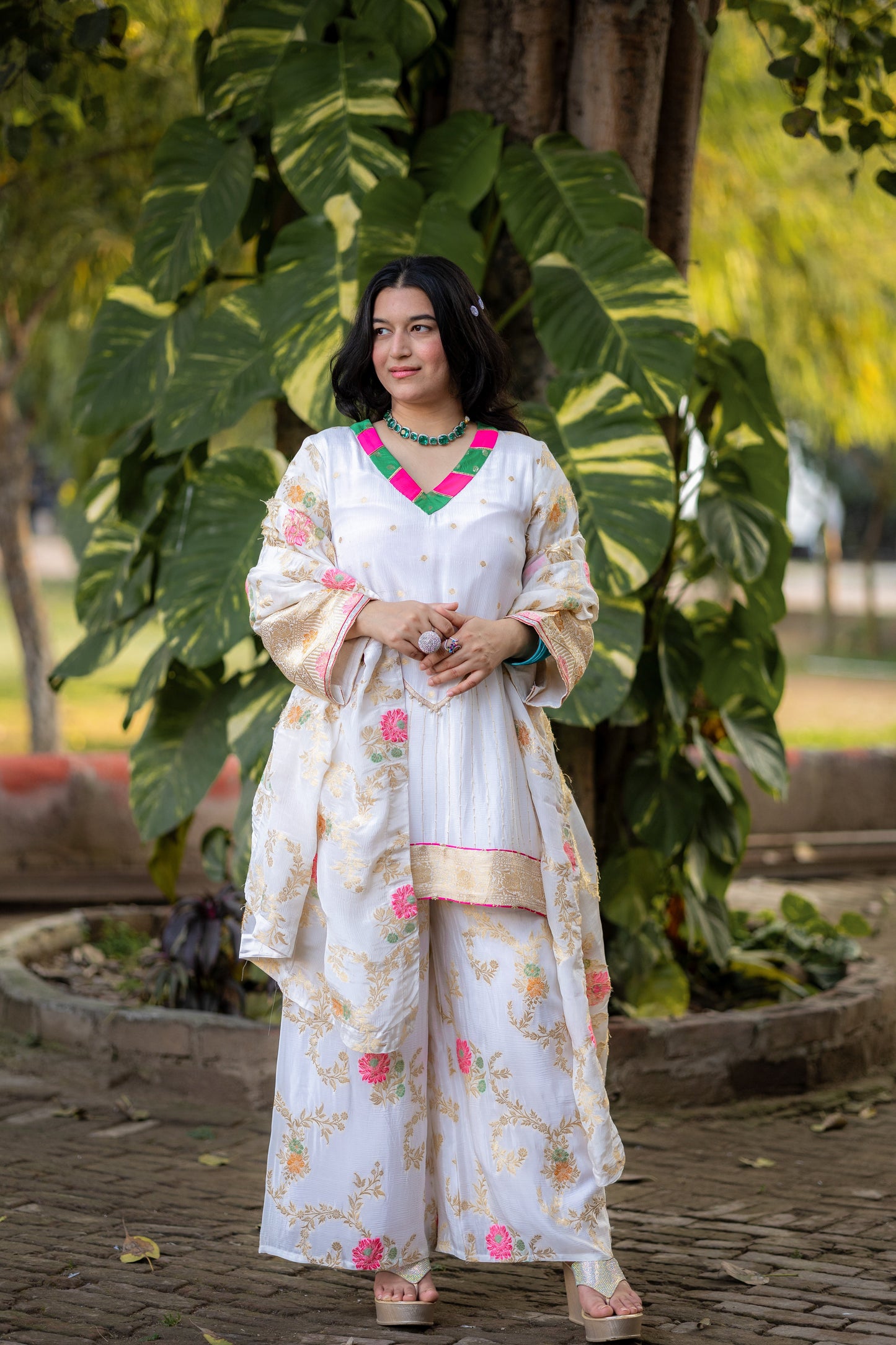 Ivory Floral Silk Crepe Suit Set with Gold Embroidery & Pink Accents