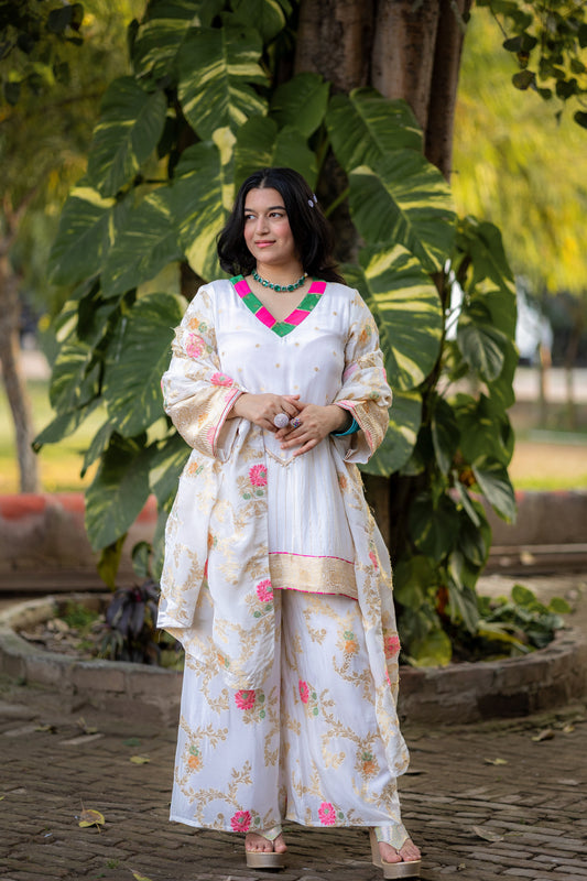 Ivory Floral Silk Crepe Suit Set with Gold Embroidery & Pink Accents