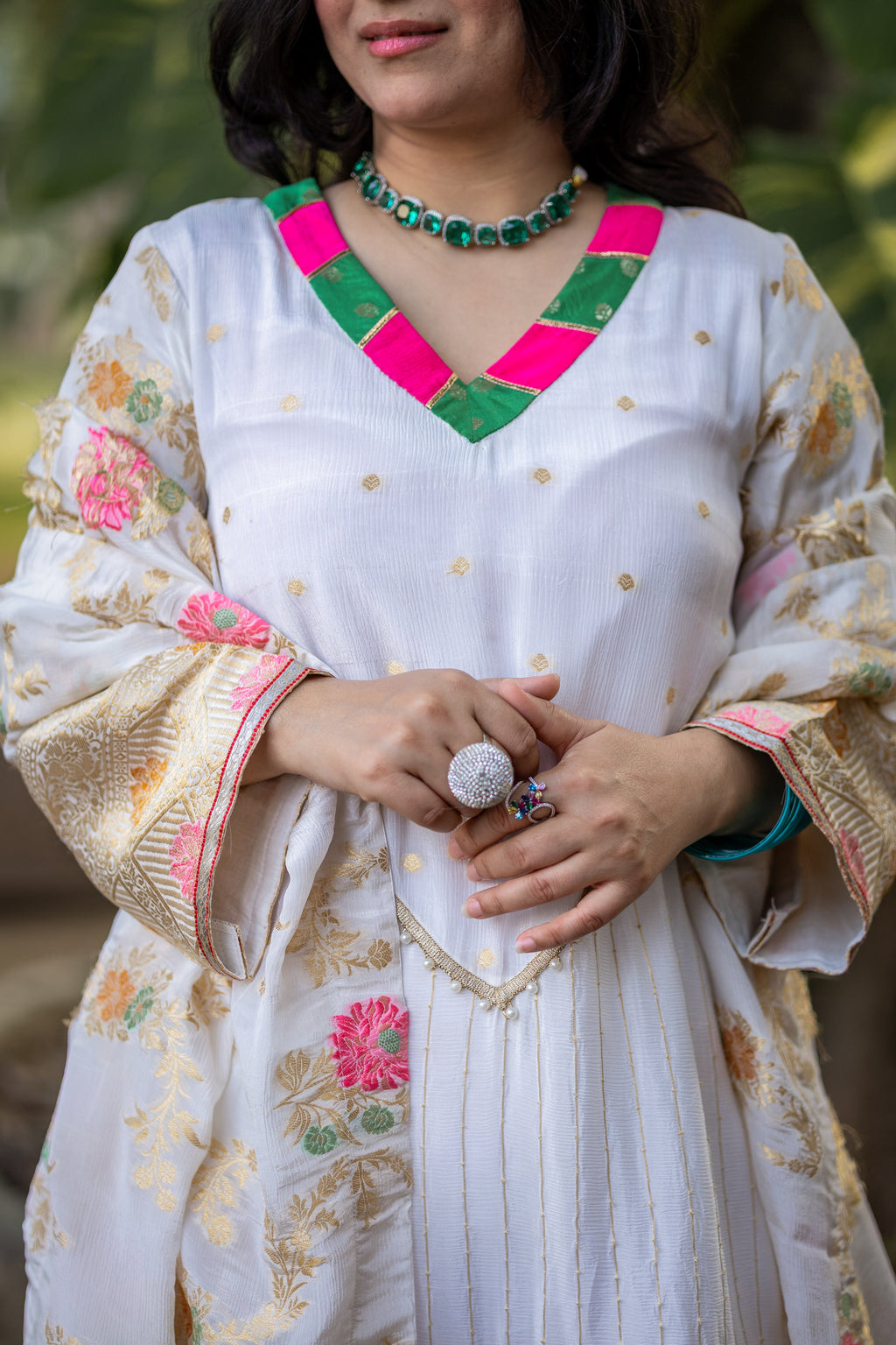 Ivory Floral Silk Crepe Suit Set with Gold Embroidery & Pink Accents