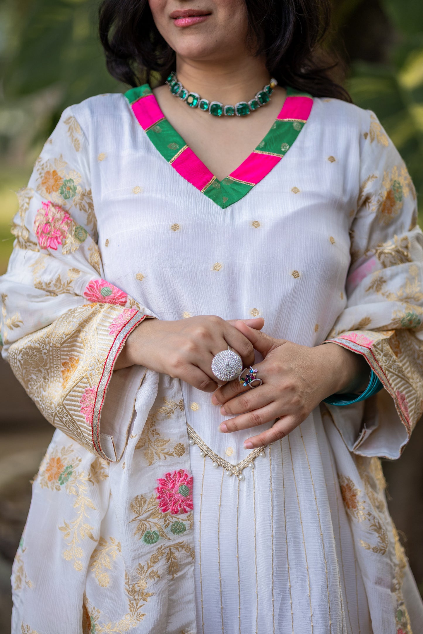 Ivory Floral Silk Crepe Suit Set with Gold Embroidery & Pink Accents
