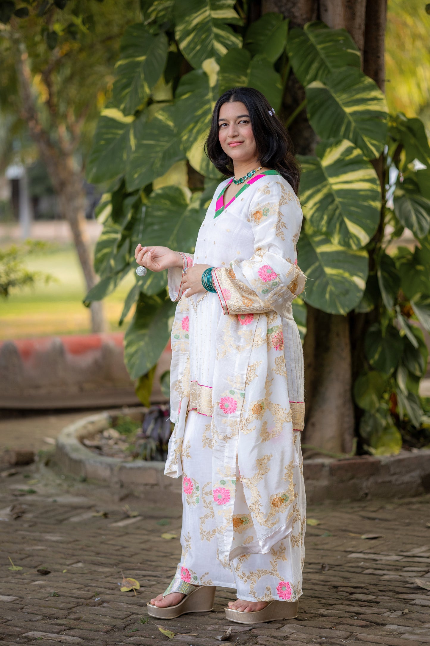 Ivory Floral Silk Crepe Suit Set with Gold Embroidery & Pink Accents