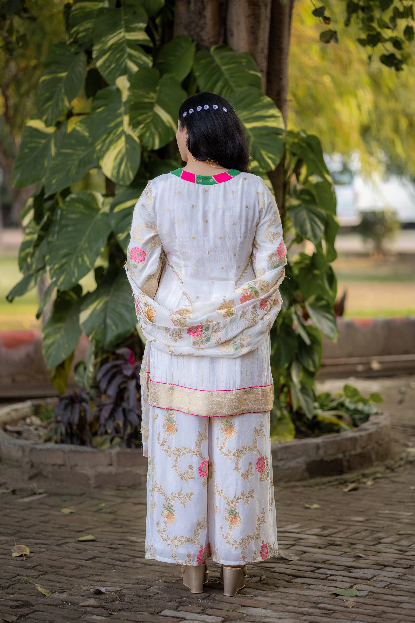 Ivory Floral Silk Crepe Suit Set with Gold Embroidery & Pink Accents