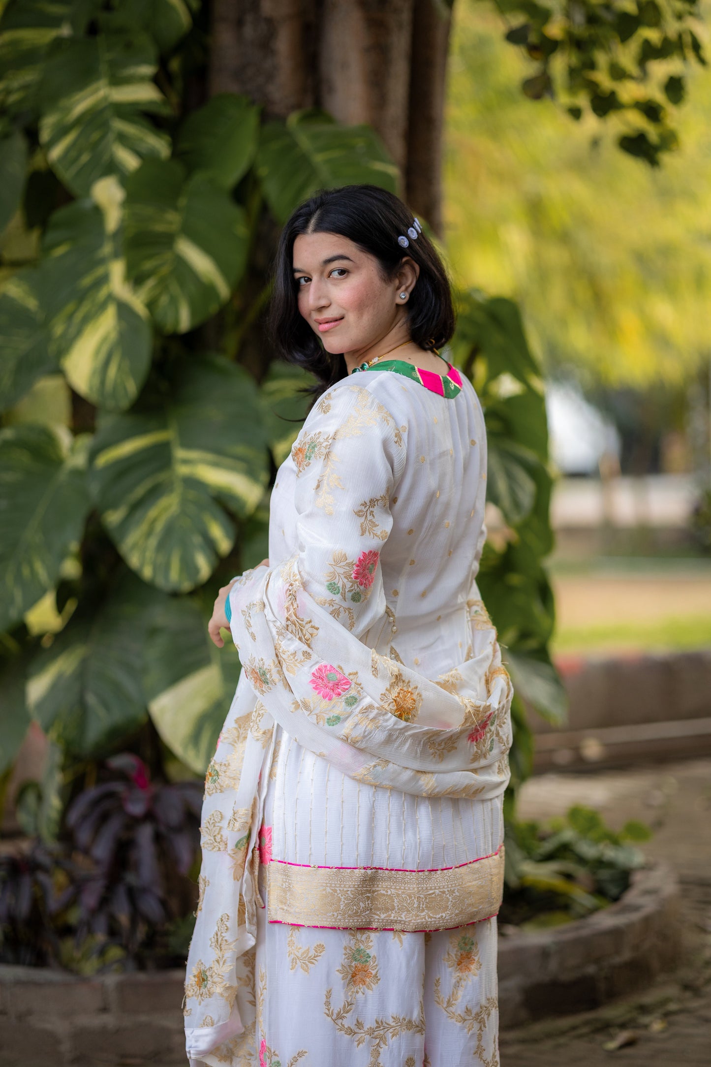 Ivory Floral Silk Crepe Suit Set with Gold Embroidery & Pink Accents