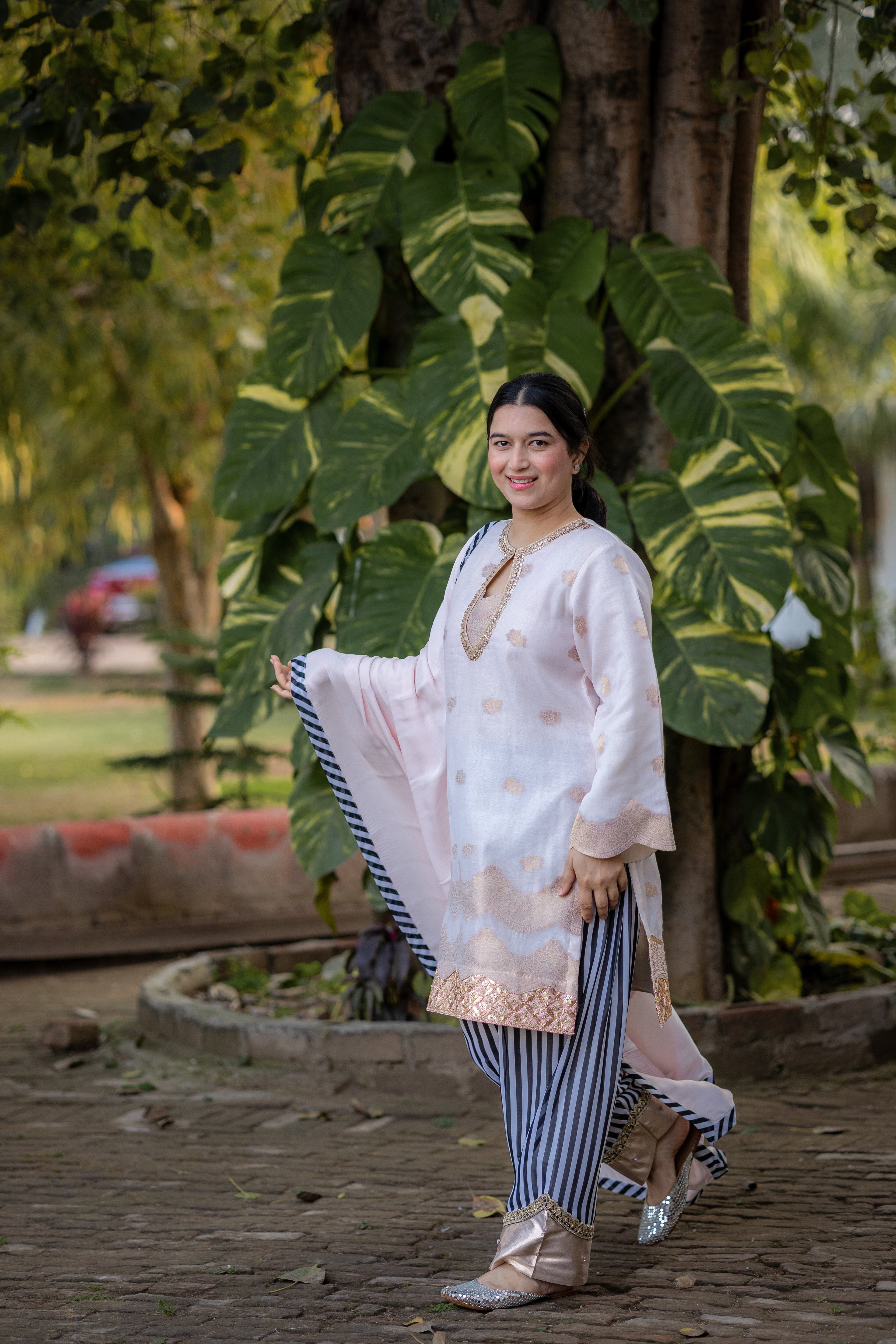 Ivory Blush Organza Linen Suit Set with Striped Pants & Dupatta