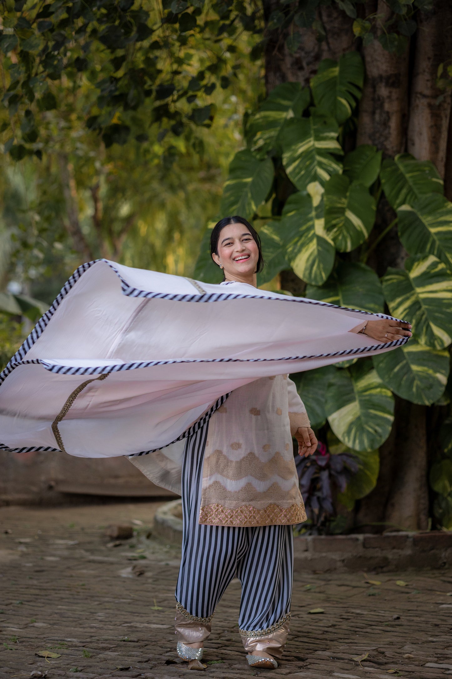 Ivory Blush Organza Linen Suit Set with Striped Pants & Dupatta