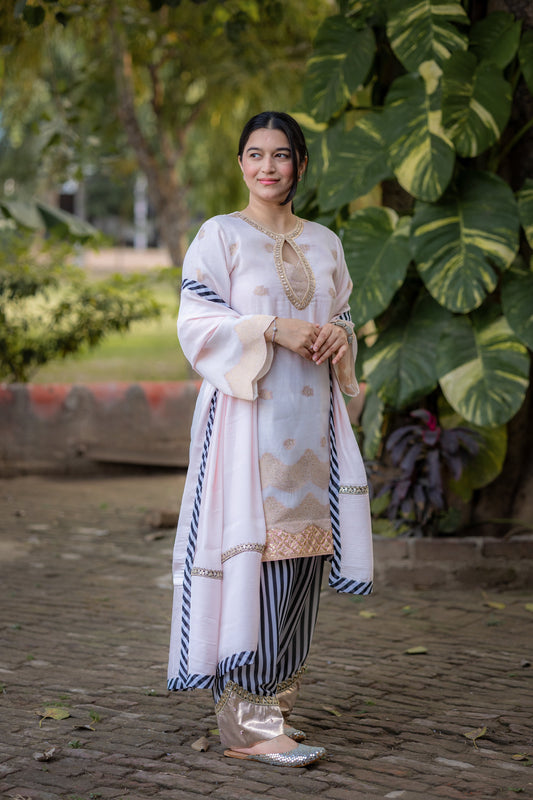 Ivory Blush Organza Linen Suit Set with Striped Pants & Dupatta