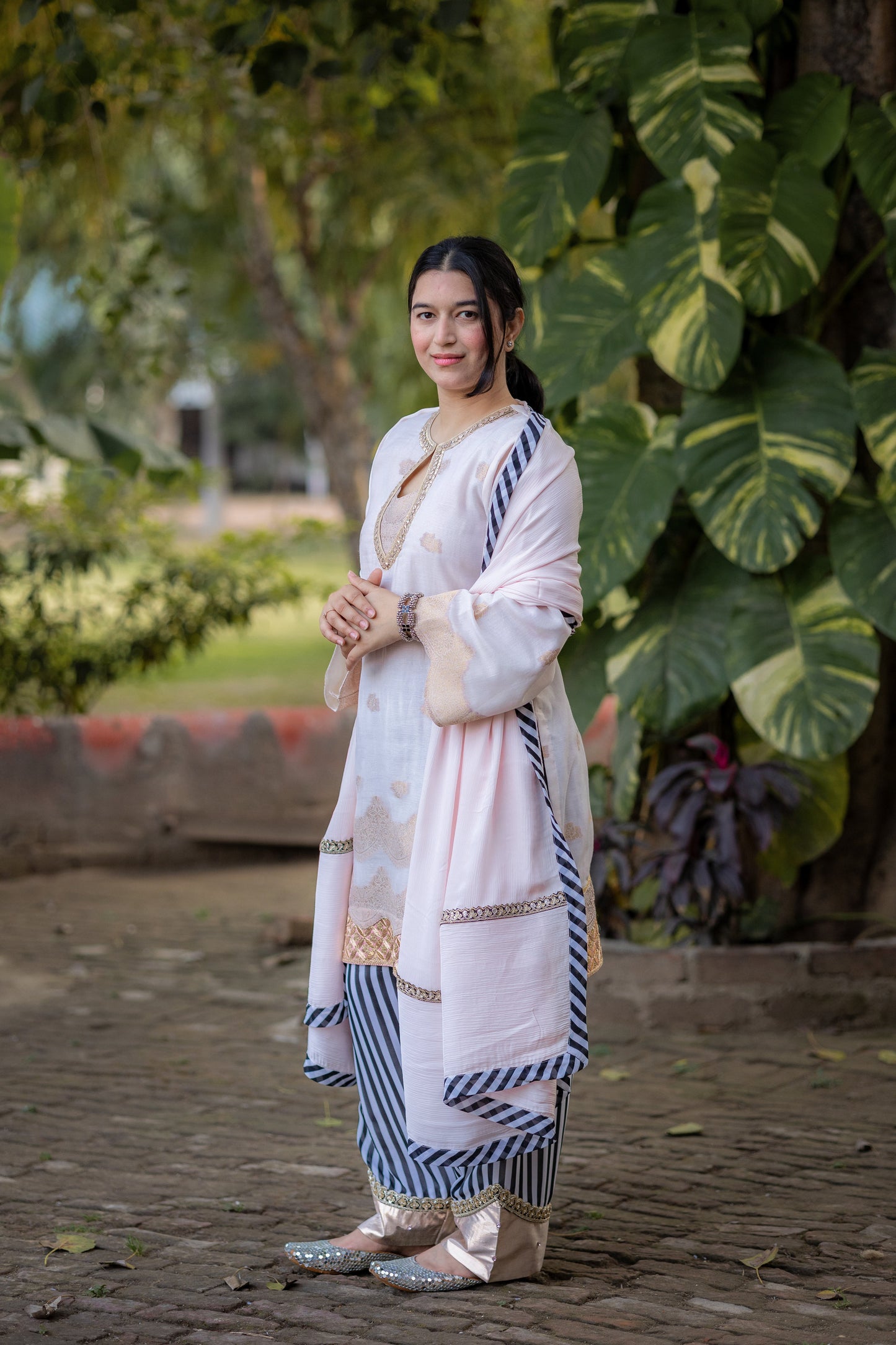 Ivory Blush Organza Linen Suit Set with Striped Pants & Dupatta