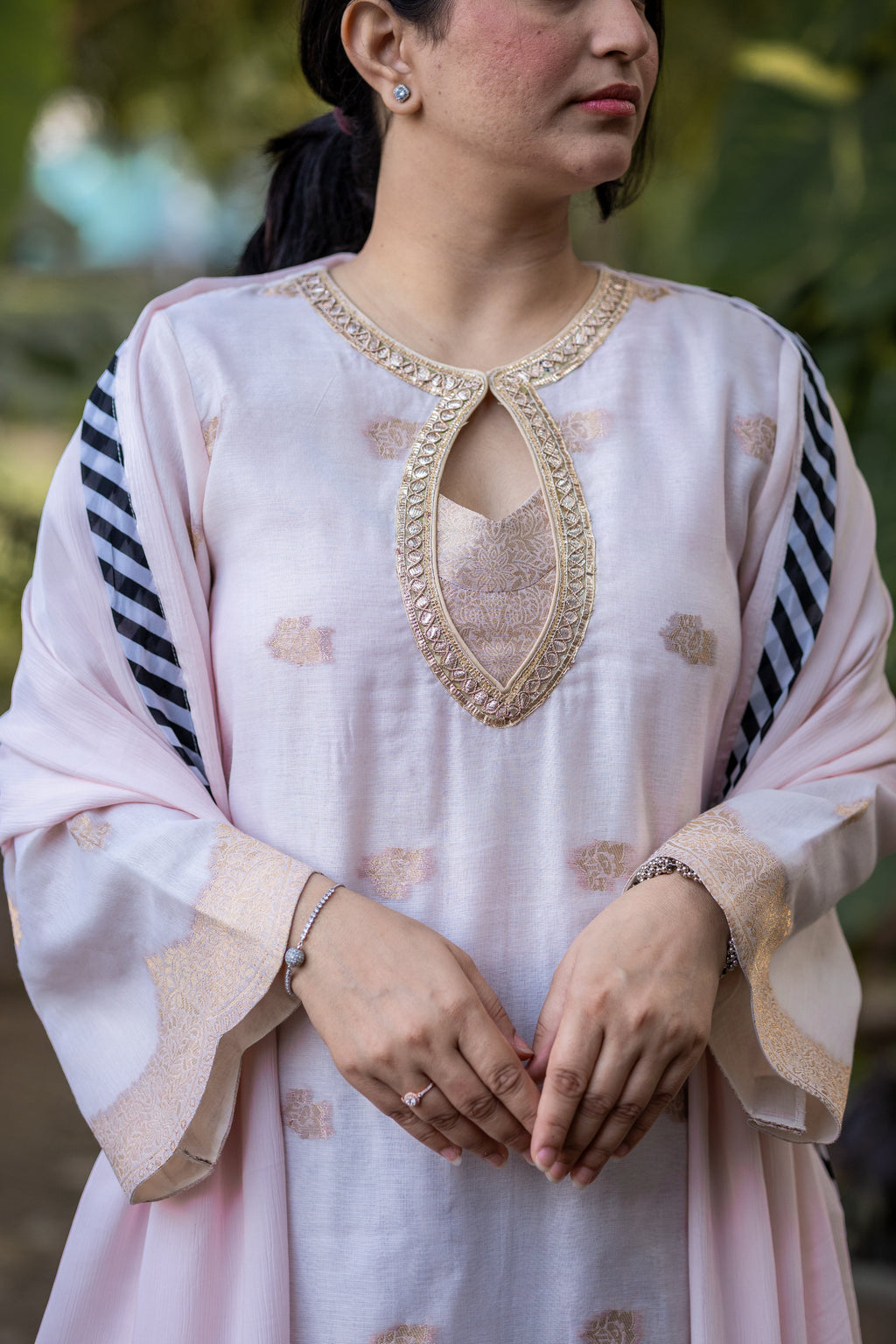 Ivory Blush Organza Linen Suit Set with Striped Pants & Dupatta