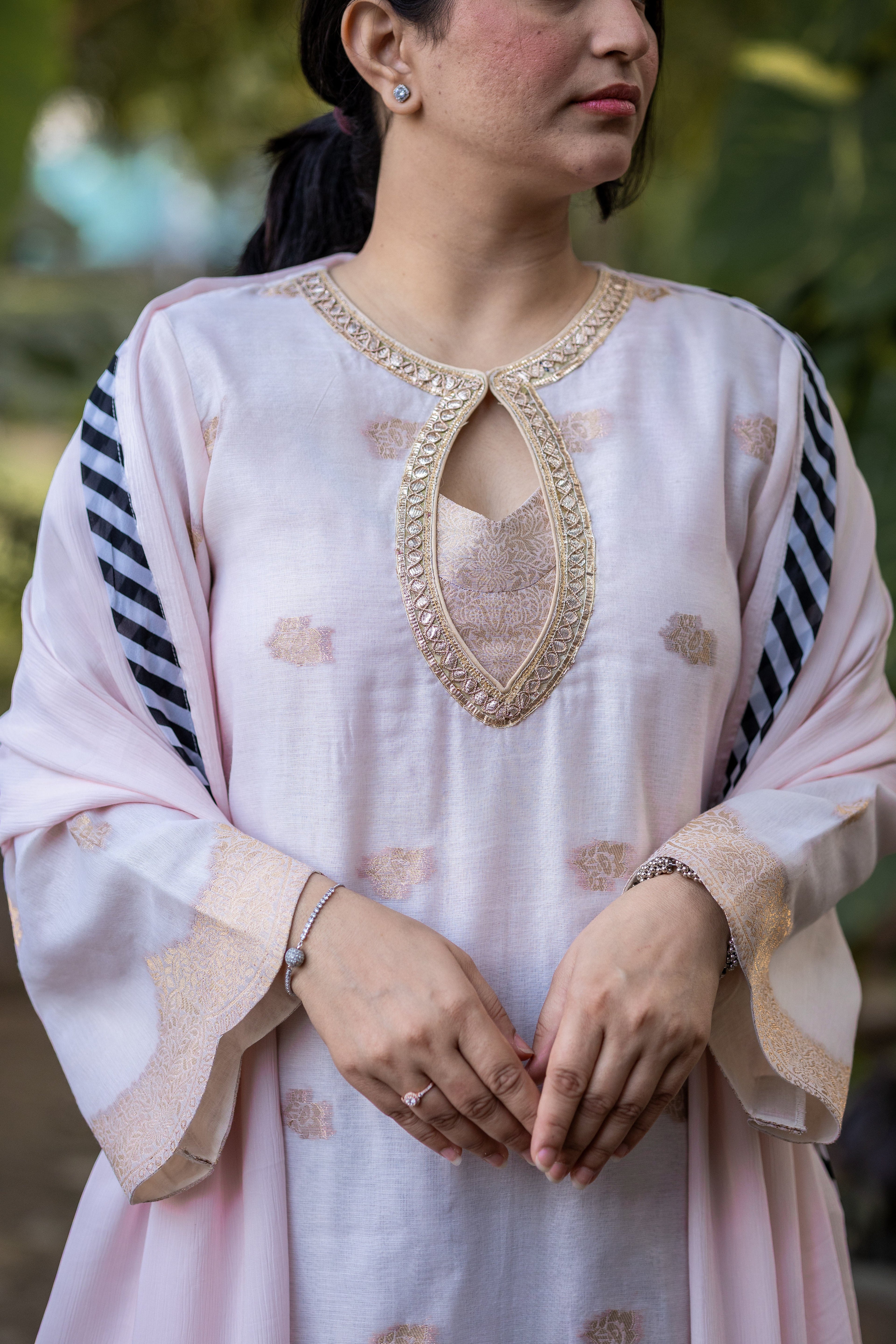 Ivory Blush Organza Linen Suit Set with Striped Pants & Dupatta
