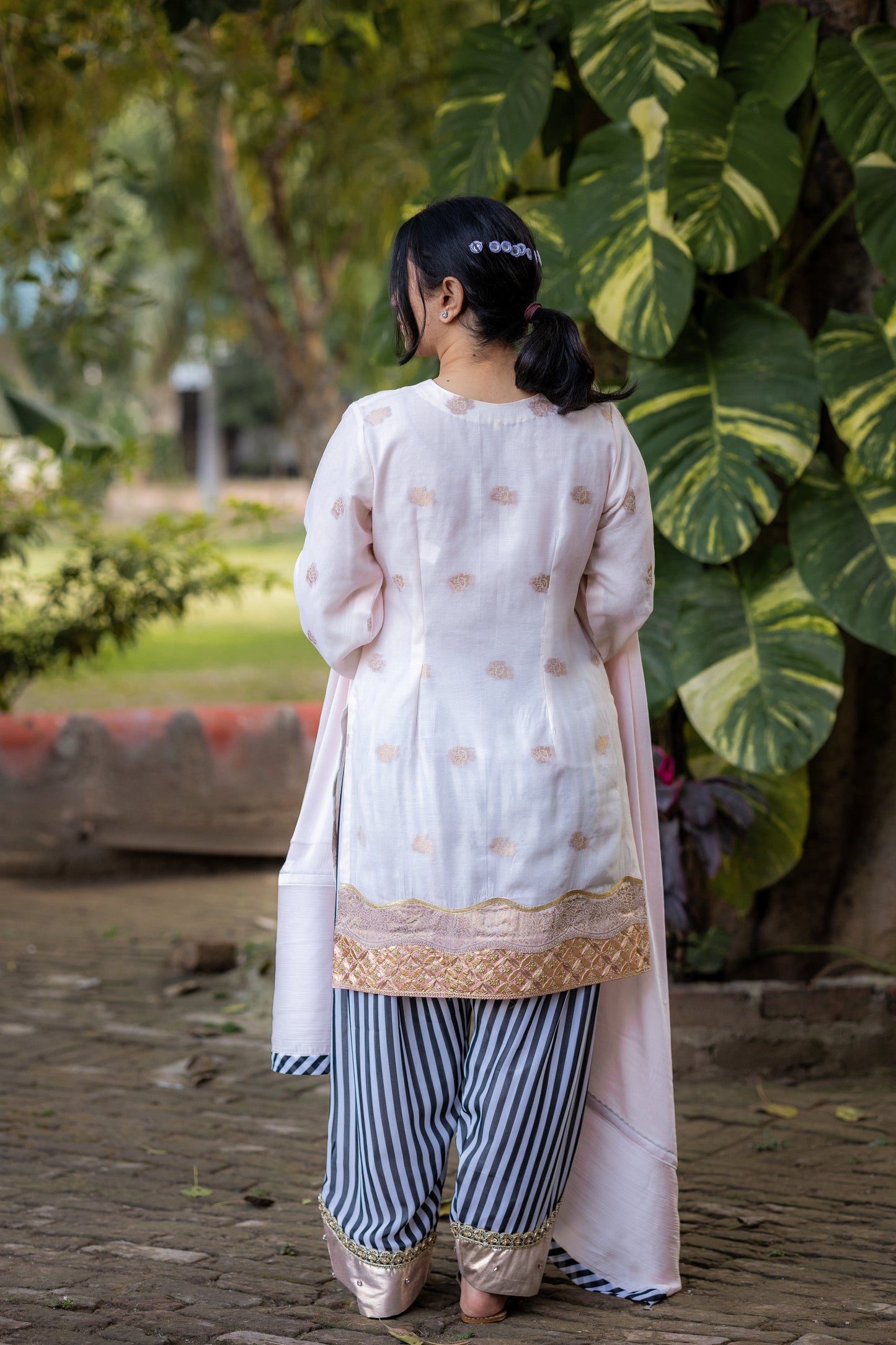 Ivory Blush Organza Linen Suit Set with Striped Pants & Dupatta
