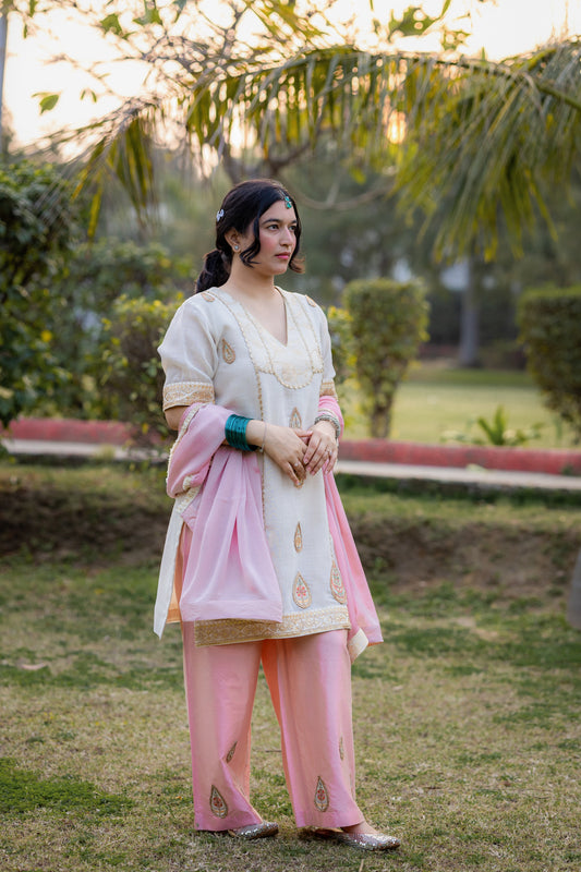 Elegant Chanderi Silk Suit Set with Pink Dupatta & Hand Embroidery