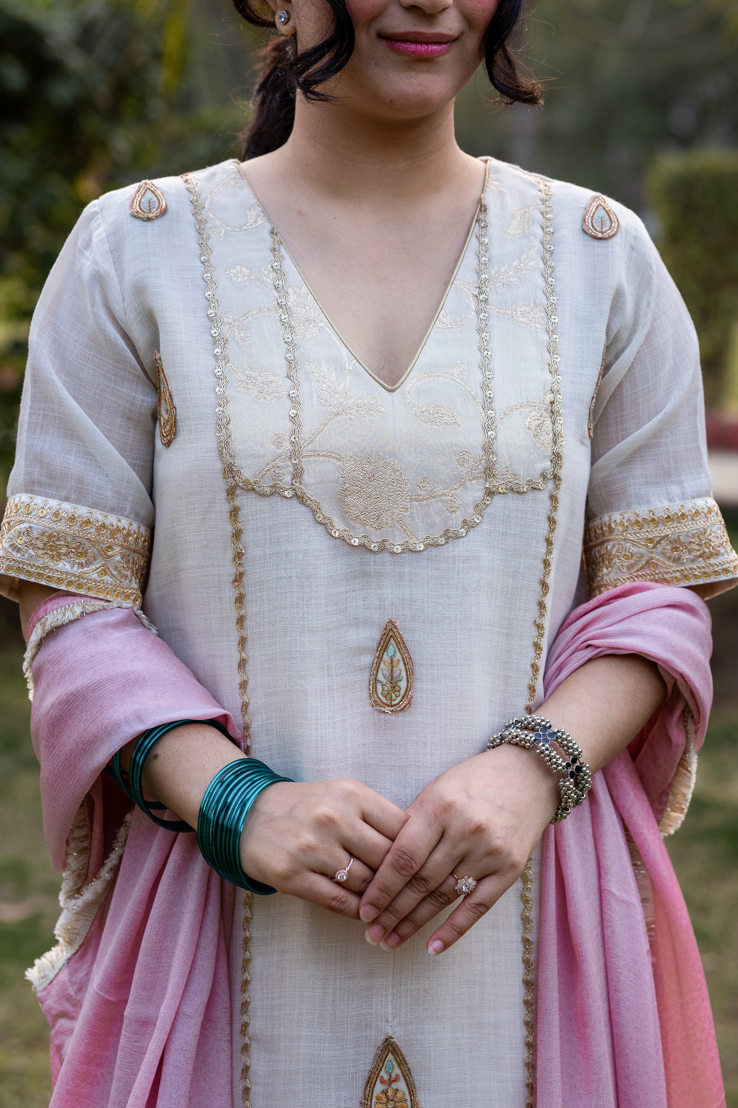 Elegant Chanderi Silk Suit Set with Pink Dupatta & Hand Embroidery