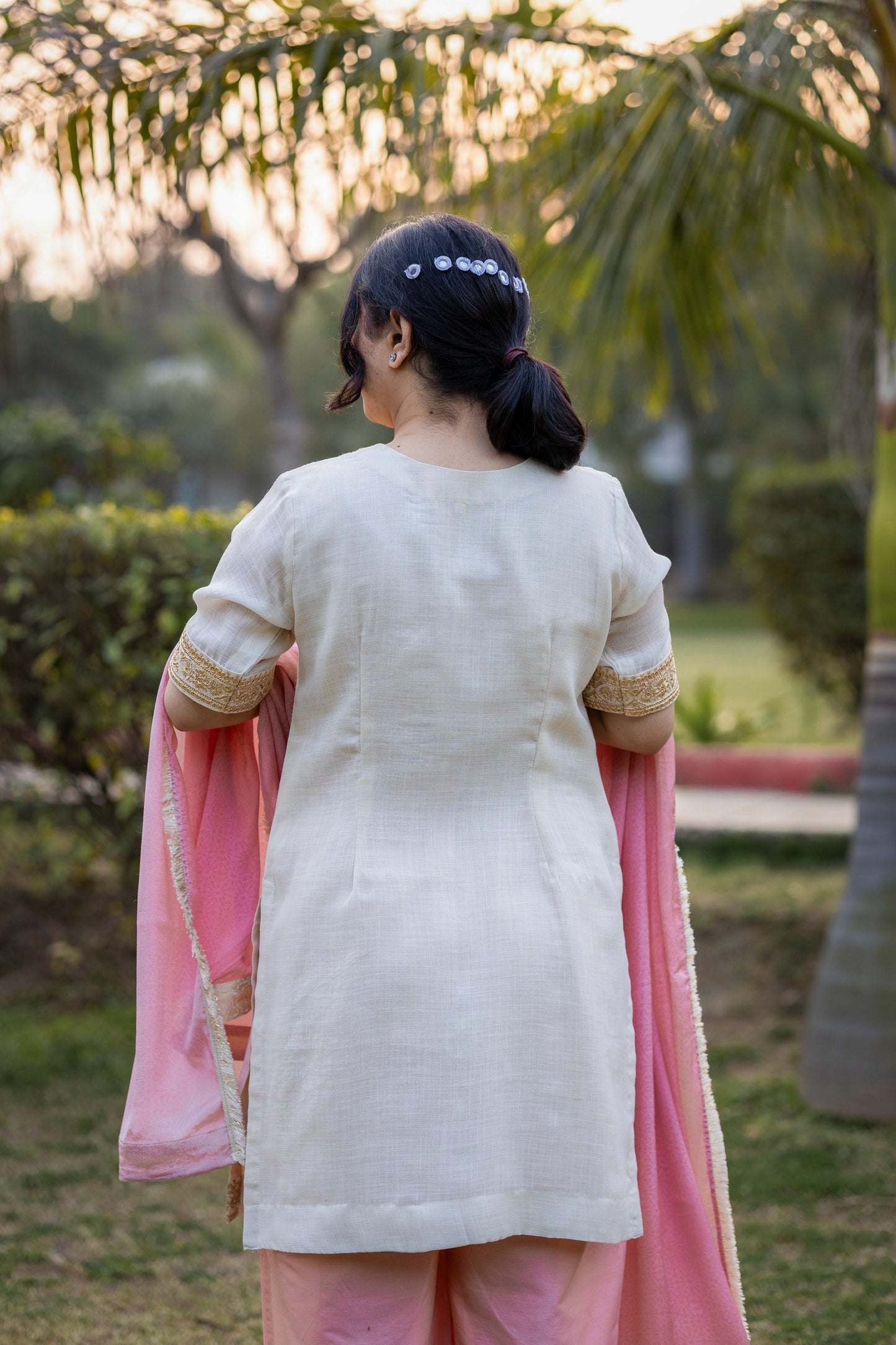 Elegant Chanderi Silk Suit Set with Pink Dupatta & Hand Embroidery