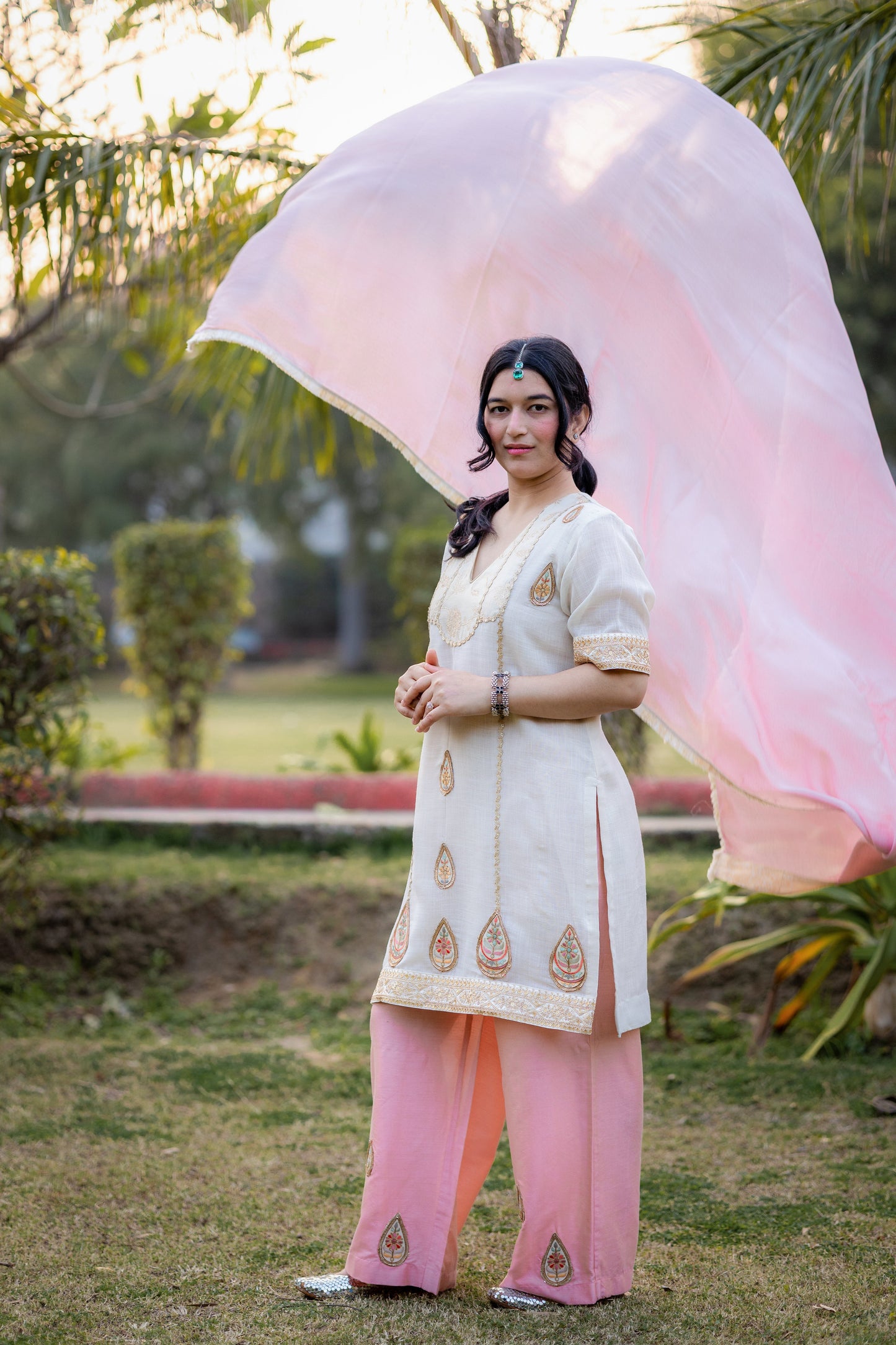 Elegant Chanderi Silk Suit Set with Pink Dupatta & Hand Embroidery